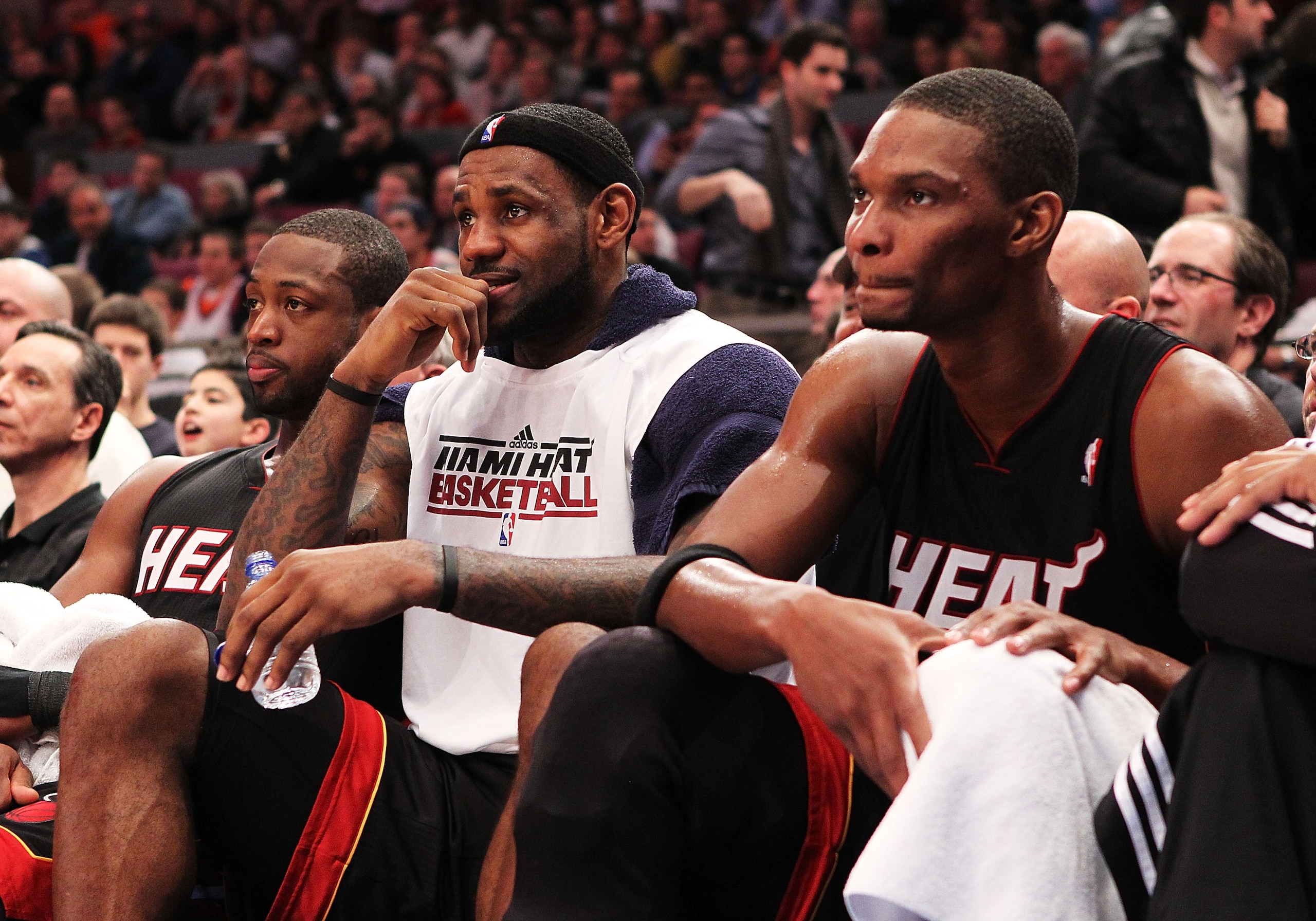 NEW YORK, NY - DECEMBER 17: Dwyane Wade #3, LeBron James #6, and Chris Bosh #1 of the Miami Heat look on during their 113-91 win against the New York Knicks at Madison Square Garden on December 17, 2010 in New York City. NOTE TO USER: User expressly ack NEW YORK, NY - DECEMBER 17: Dwyane Wade #3, LeBron James #6, and Chris Bosh #1 of the Miami Heat look on during their 113-91 win against the New York Knicks at Madison Square Garden on December 17, 2010 in New York City. NOTE TO USER: User expressly ack