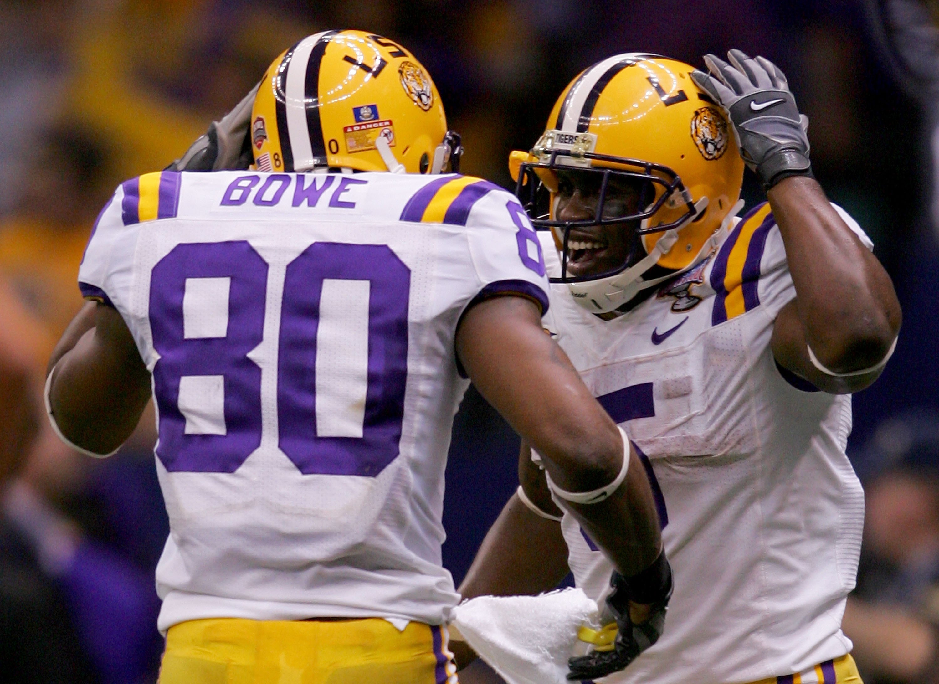 NEW ORLEANS - JANUARY 03:  Running back Keiland Williams #5 of the LSU Tigers celebrates his touchdown with teammate Dwayne Bowe #80 in the fourth quarter of the 2007 Allstate Sugar Bowl against the Notre Dame Fighting Irish on January 3, 2007 at the Supe