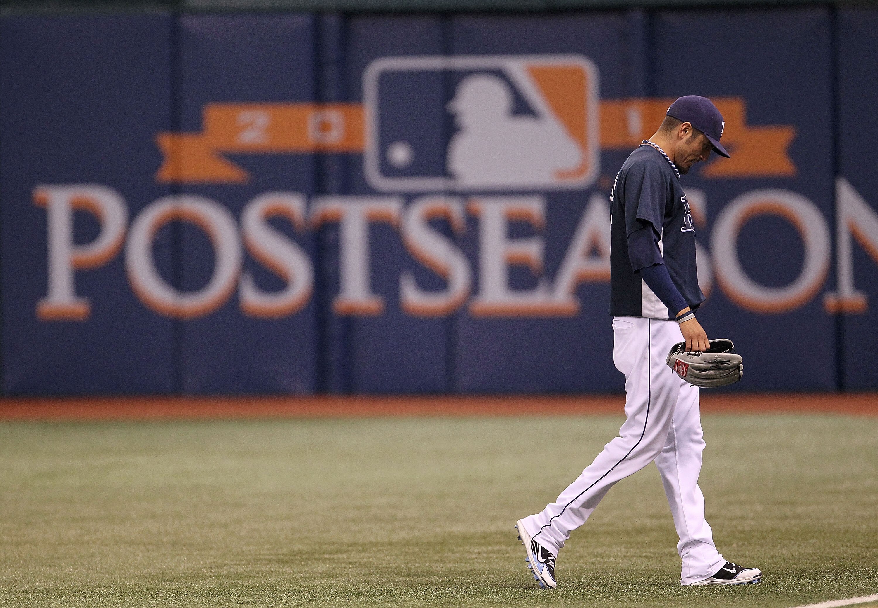 ST. PETERSBURG, FL - OCTOBER 12: Matt Garza of the Tampa Bay Rays walks off the field during batting practice before Game 5 of the ALDS against the Texas Rangers at Tropicana Field on October 12, 2010 in St. Petersburg, Florida.  (Photo by Mike Ehrmann/Ge