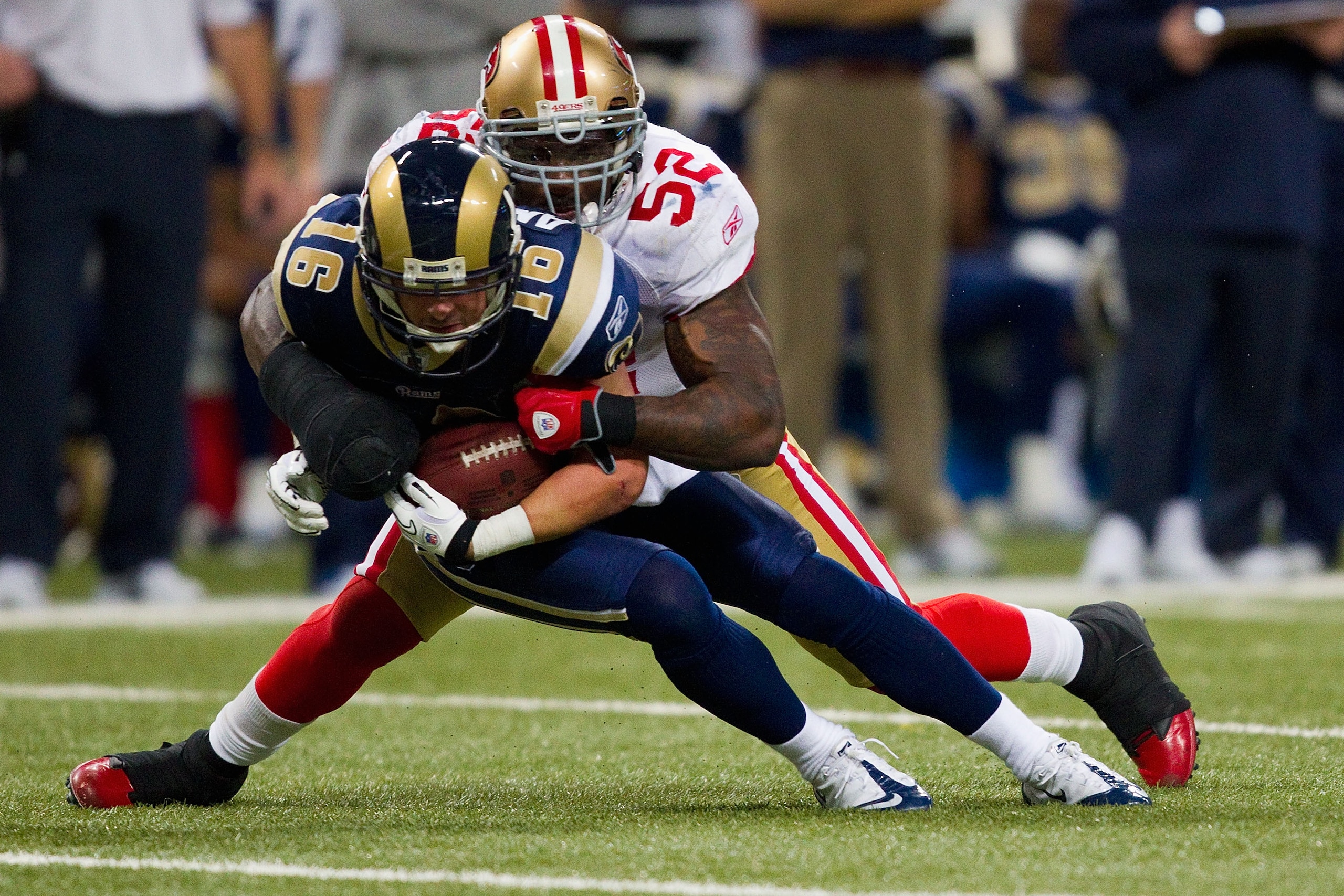 ST. LOUIS, MO - DECEMBER 26: Patrick Willis #52 of the San Francisco 49ers tackles Danny Amendola #16 of the St. Louis Rams at the Edward Jones Dome on December 26, 2010 in St. Louis, Missouri. The Rams beat the 49ers 25-17. (Photo by Dilip Vishwanat/Gett ST. LOUIS, MO - DECEMBER 26: Patrick Willis #52 of the San Francisco 49ers tackles Danny Amendola #16 of the St. Louis Rams at the Edward Jones Dome on December 26, 2010 in St. Louis, Missouri. The Rams beat the 49ers 25-17. (Photo by Dilip Vishwanat/Gett