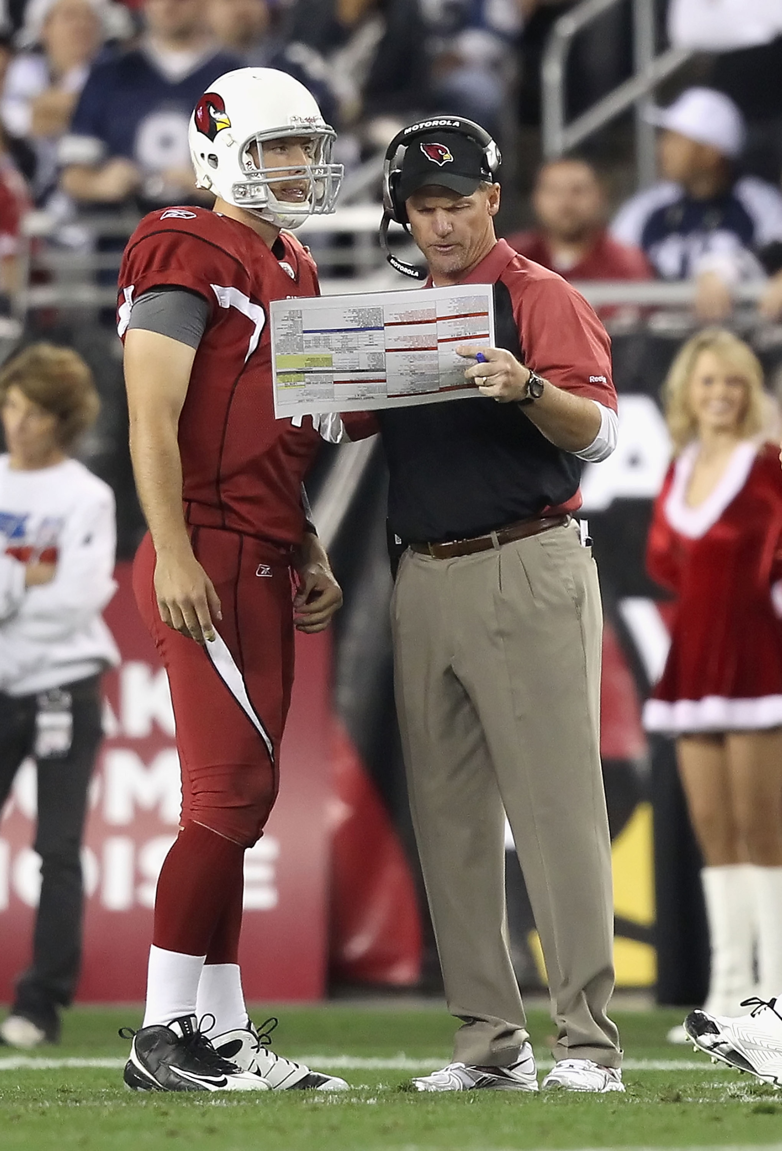 GLENDALE, AZ - DECEMBER 25:  Head coach Ken Whisenhunt of the Arizona Cardinals talks with quarterback John Skelton #19 during the NFL game against the Dallas Cowboys at the University of Phoenix Stadium on December 25, 2010 in Glendale, Arizona. The Card