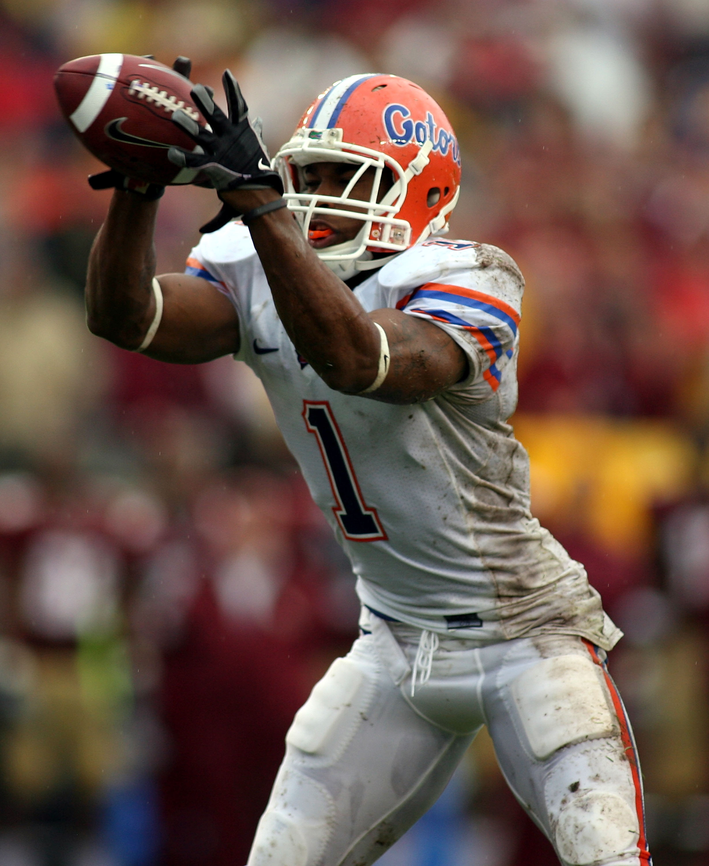 TALLAHASSEE, FL - NOVEMBER 29:  Receiver Percy Harvin #1 of the Florida Gators takes a direct snap and runs for a touchdown  against the Florida State Seminoles at Bobby Bowden Field at Doak Campbell Stadium on November 29, 2008 in Tallahassee, Florida.