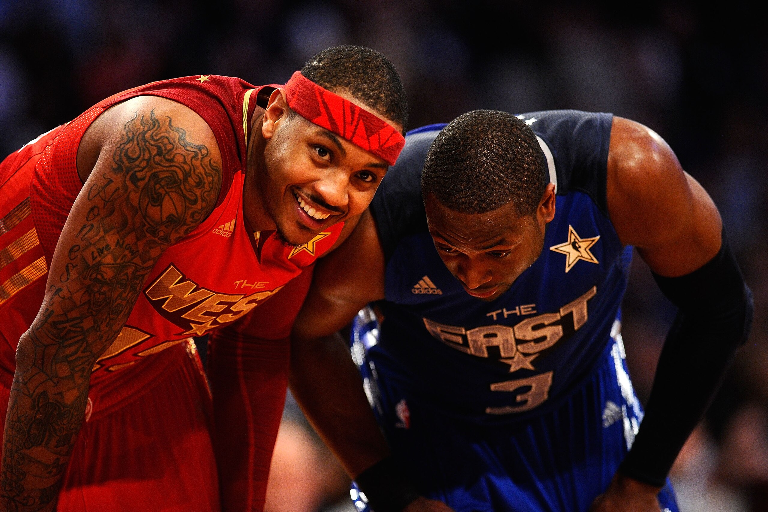 LOS ANGELES, CA - FEBRUARY 20:  Carmelo Anthony #15 of the Denver Nuggets and the Western Conference stands with Dwyane Wade #3 of the Miami Heat and the Eastern Conference in the 2011 NBA All-Star Game at Staples Center on February 20, 2011 in Los Angele