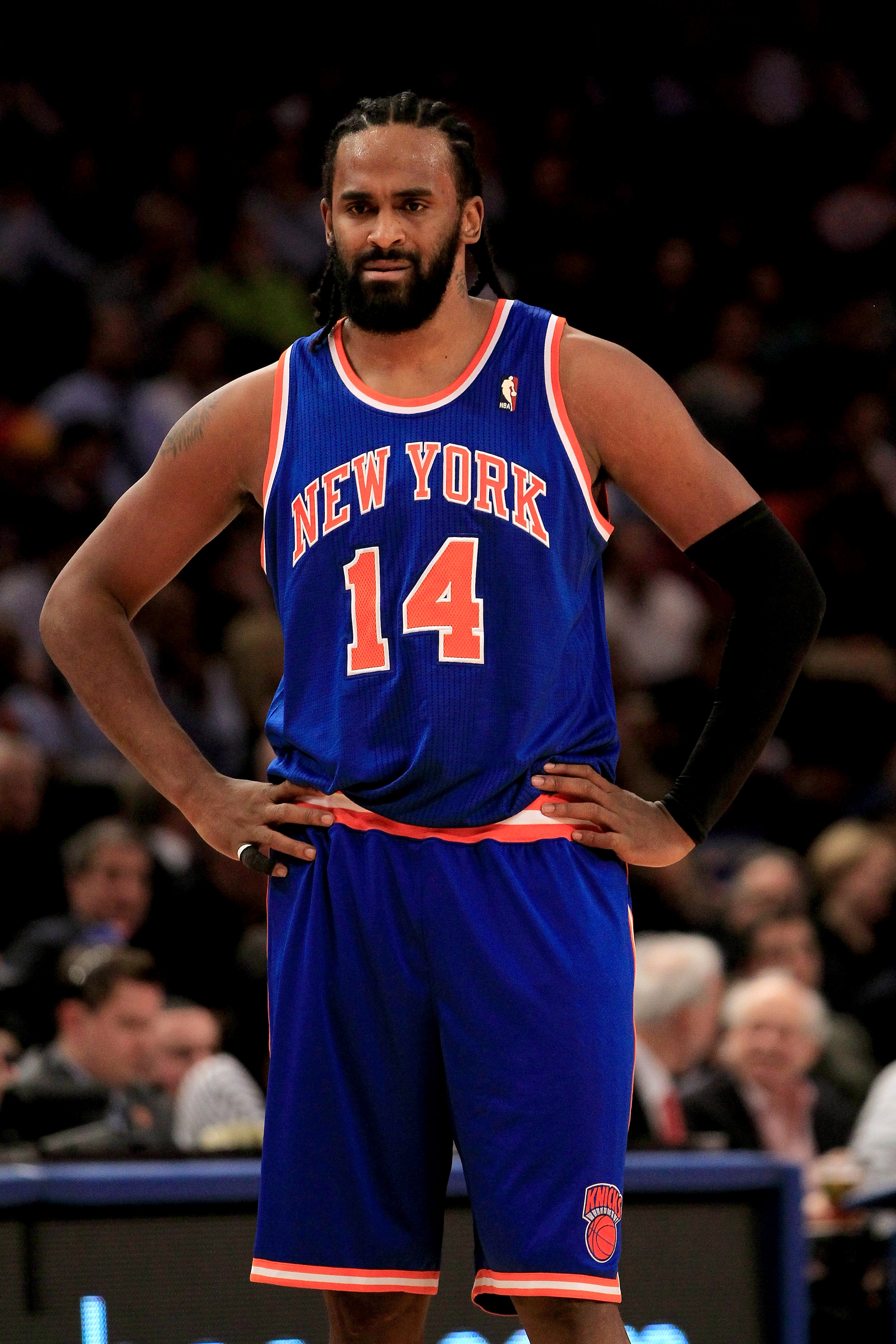 NEW YORK, NY - FEBRUARY 16:  Ronny Turiaf #14 of the New York Knicks looks on against the Atlanta Hawks at Madison Square Garden on February 16, 2011 in New York City. NOTE TO USER: User expressly acknowledges and agrees that, by downloading and/or using