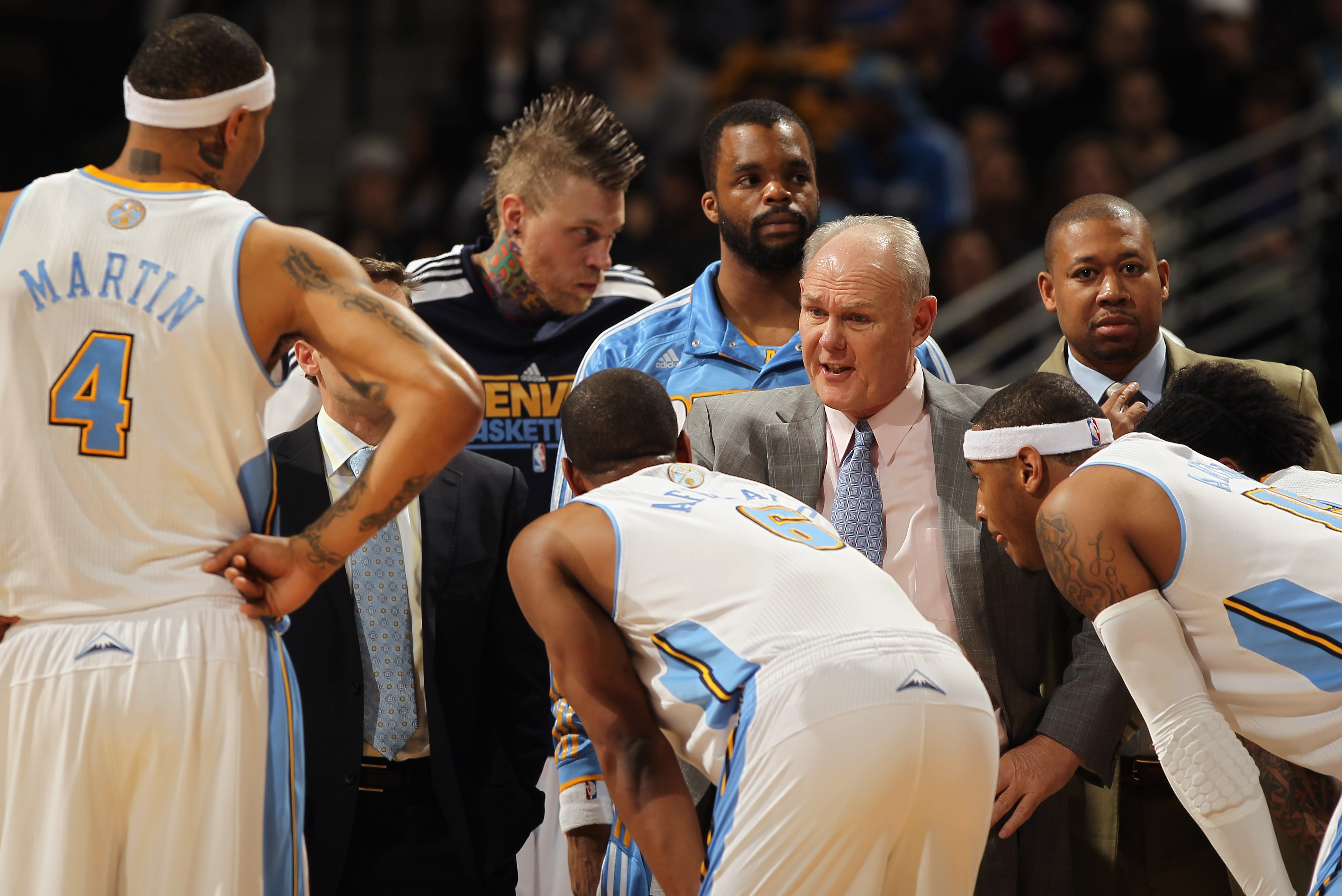 DENVER, CO - FEBRUARY 10:  Head coach George Karl of the Denver Nuggets directs his team during a time out against the Dallas Mavericks during NBA action at the Pepsi Center on February 10, 2011 in Denver, Colorado. The Nuggets defeated the Mavericks 121-