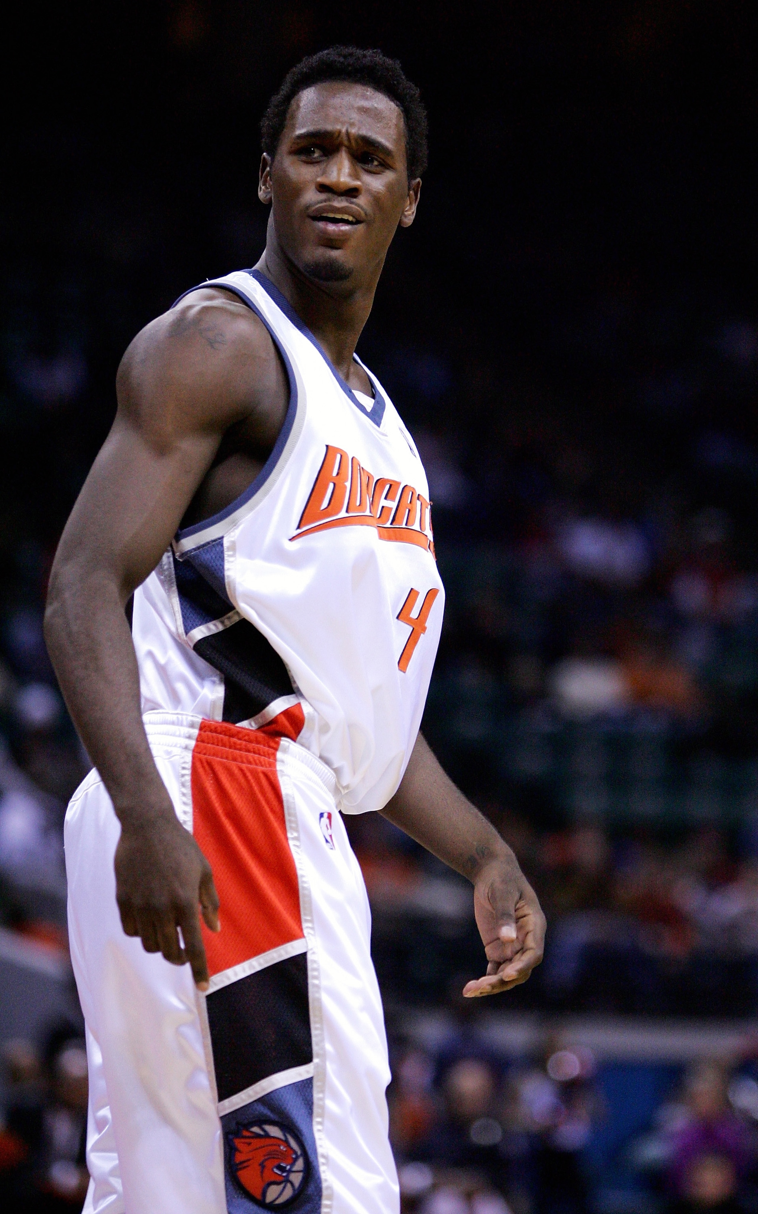 CHARLOTTE, NC - JANUARY 14:  Kareem Rush #4 of the Charlotte Bobcats reacts to a call during their game against the Memphis Grizzlies on January 14, 2005 at the Charlotte Coliseum in Charlotte, North Carolina. The Grizzlies defeated the Bobcats 109-89.  N