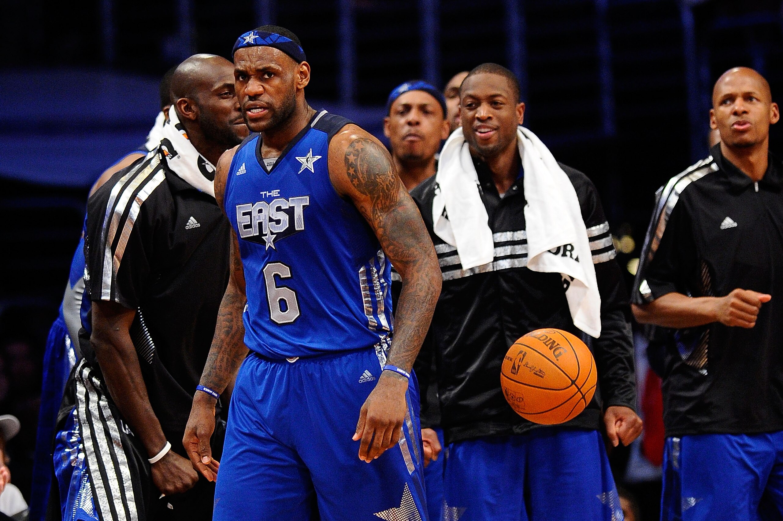LOS ANGELES, CA - FEBRUARY 20:  LeBron James #6 of the Miami Heat and the Eastern Conference reacts with the Eastern Conference bench in the 2011 NBA All-Star Game at Staples Center on February 20, 2011 in Los Angeles, California. NOTE TO USER: User expre