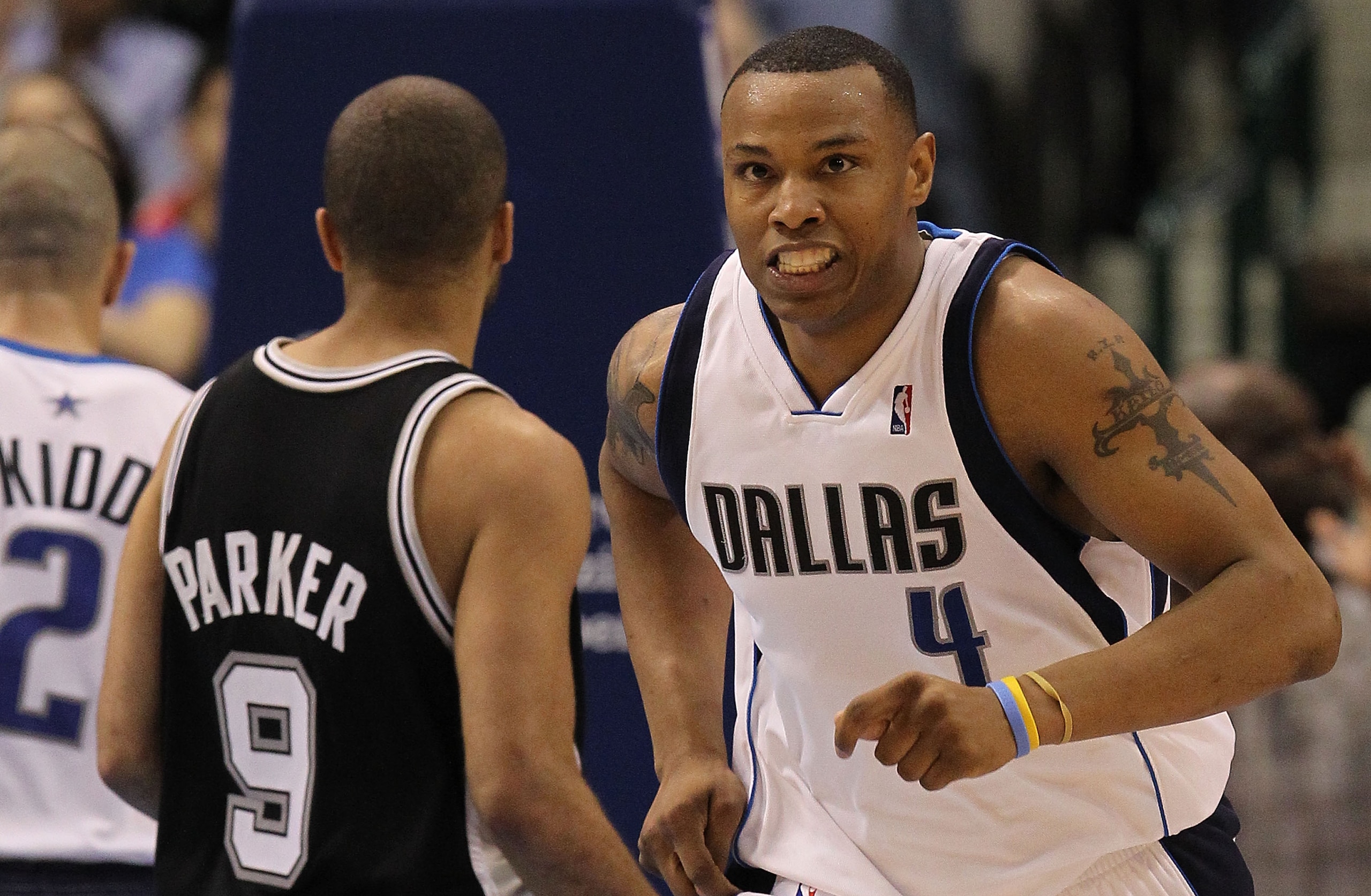 DALLAS - APRIL 27:  Forward Caron Butler #4 of the Dallas Mavericks reacts during play against the San Antonio Spurs in Game Five of the Western Conference Quarterfinals during the 2010 NBA Playoffs at American Airlines Center on April 27, 2010 in Dallas,