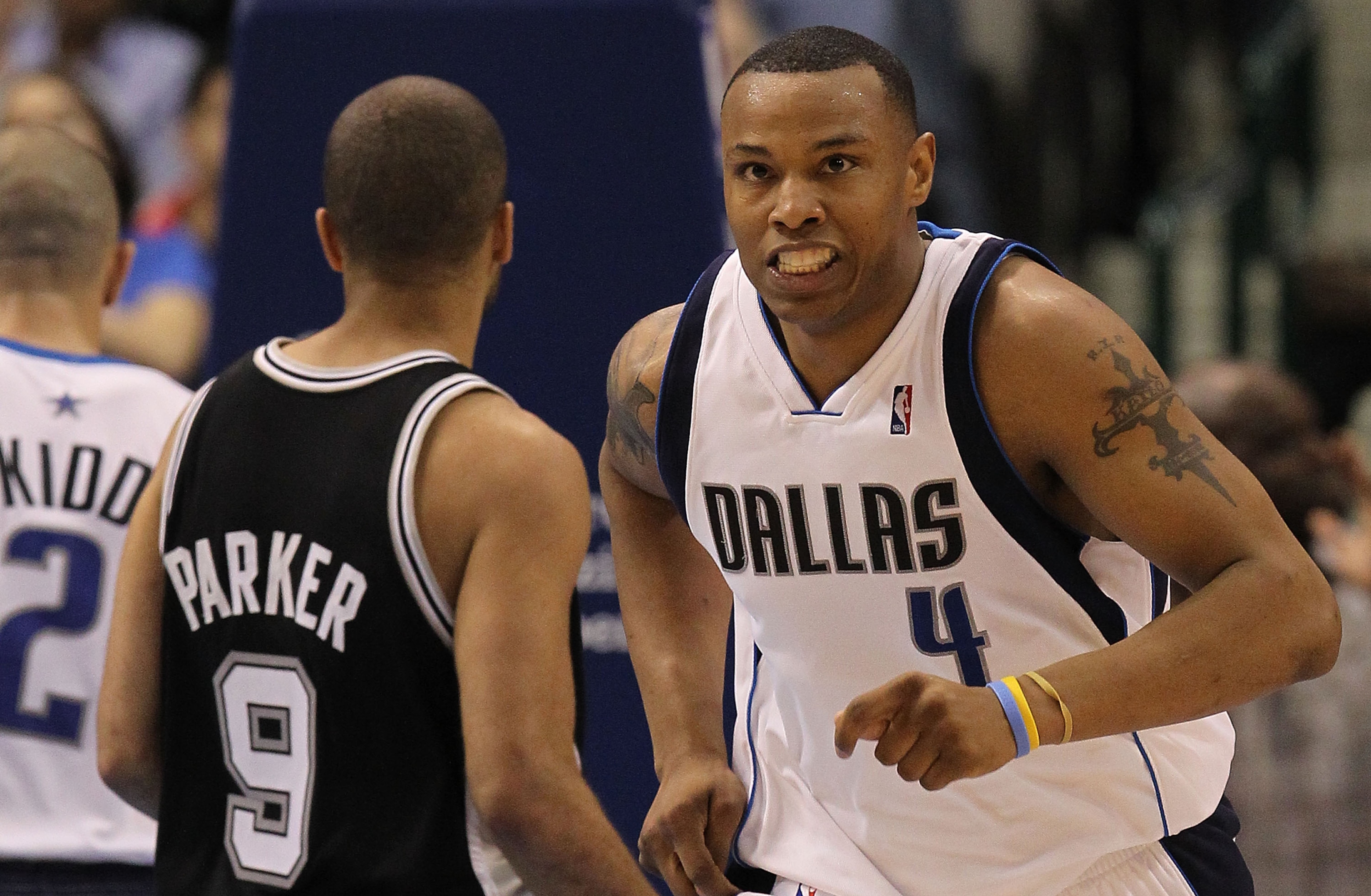 DALLAS - APRIL 27:  Forward Caron Butler #4 of the Dallas Mavericks reacts during play against the San Antonio Spurs in Game Five of the Western Conference Quarterfinals during the 2010 NBA Playoffs at American Airlines Center on April 27, 2010 in Dallas,