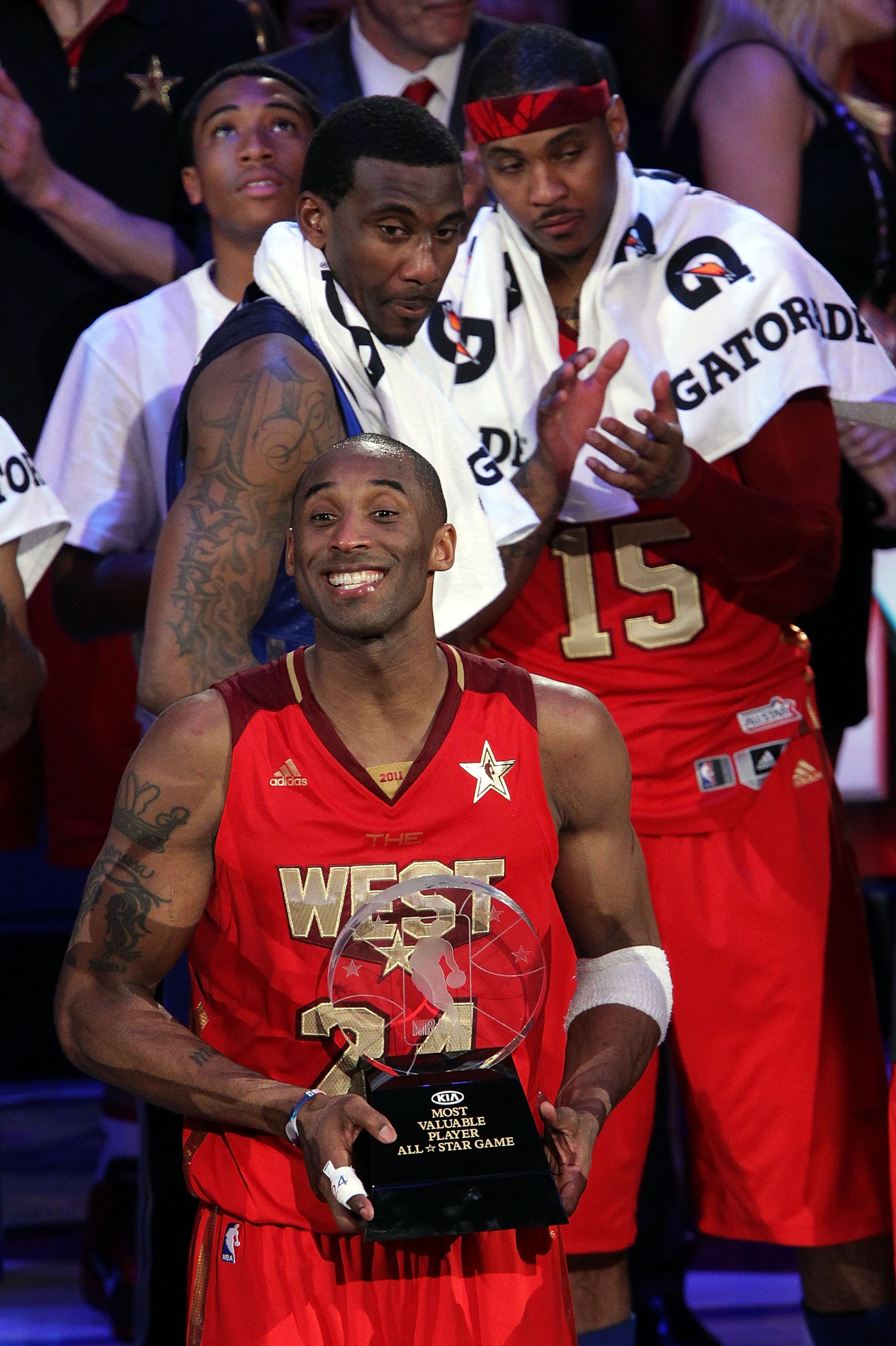 LOS ANGELES, CA - FEBRUARY 20:  Kobe Bryant #24 of the Los Angeles Lakers and the Western Conference celebrates after being named MVP for the fourth time in the 2011 NBA All-Star Game at Staples Center on February 20, 2011 in Los Angeles, California. NOTE
