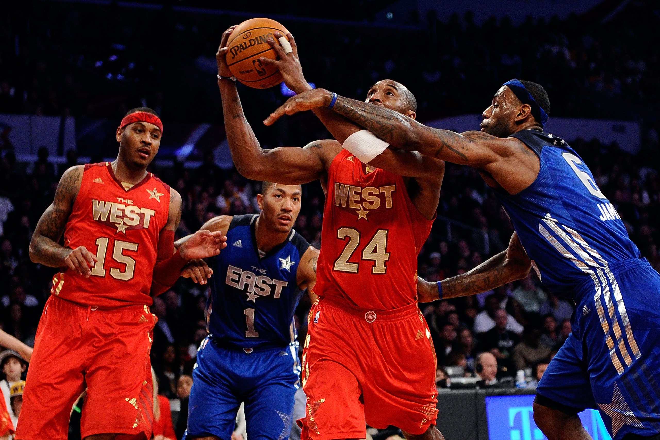 LOS ANGELES, CA - FEBRUARY 20:  Kobe Bryant #24 of the Los Angeles Lakers and the Western Conference goes up for a shot against LeBron James #6 of the Miami Heat and the Eastern Conference in the second half of the 2011 NBA All-Star Game at Staples Center