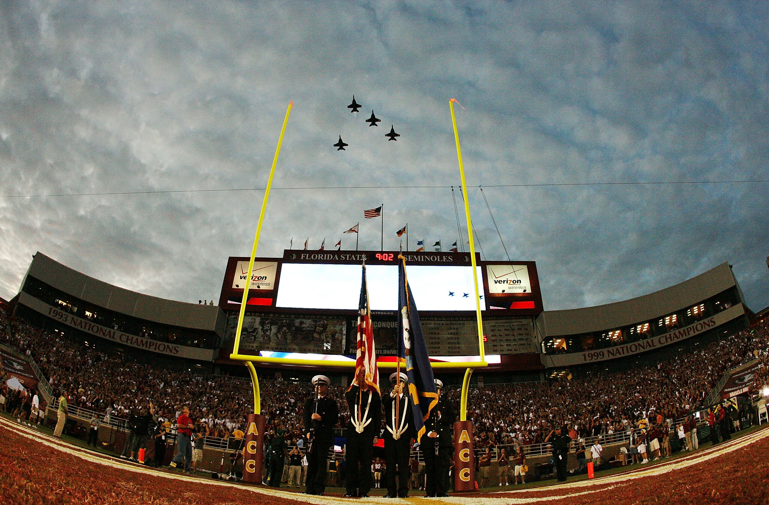 TALLAHASSEE, FL - SEPTEMBER 07:  FA-18 fighter jets do a missing man fly-over to honor FSU graduate and U.S. Navy pilot Scott Speicher who was shot down in the first Gulf War during pre-game ceremonies as the Miami Hurricanes prepare to take on the Florid