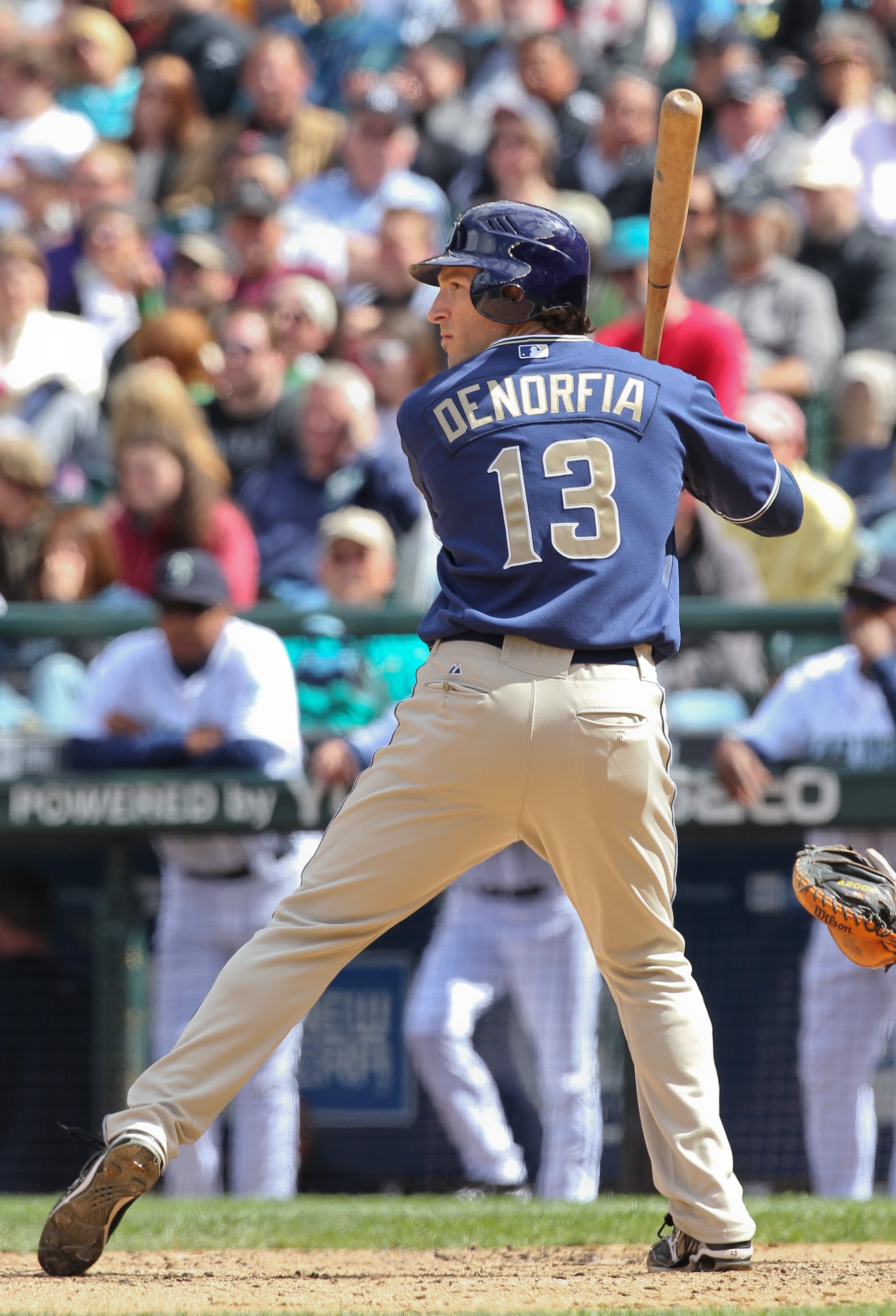 SEATTLE - MAY 23:  Chris Denorfia #13 of the San Diego Padres bats against the Seattle Mariners at Safeco Field on May 23, 2010 in Seattle, Washington. (Photo by Otto Greule Jr/Getty Images)