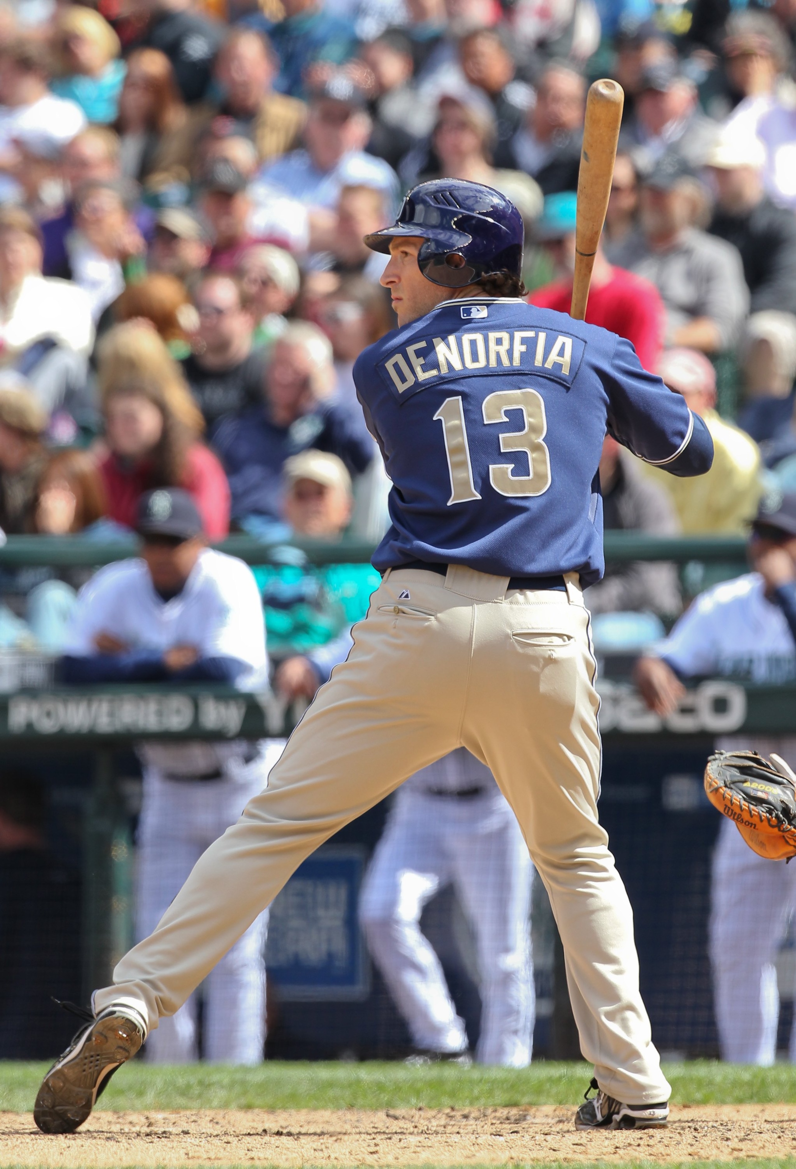 SEATTLE - MAY 23:  Chris Denorfia #13 of the San Diego Padres bats against the Seattle Mariners at Safeco Field on May 23, 2010 in Seattle, Washington. (Photo by Otto Greule Jr/Getty Images)