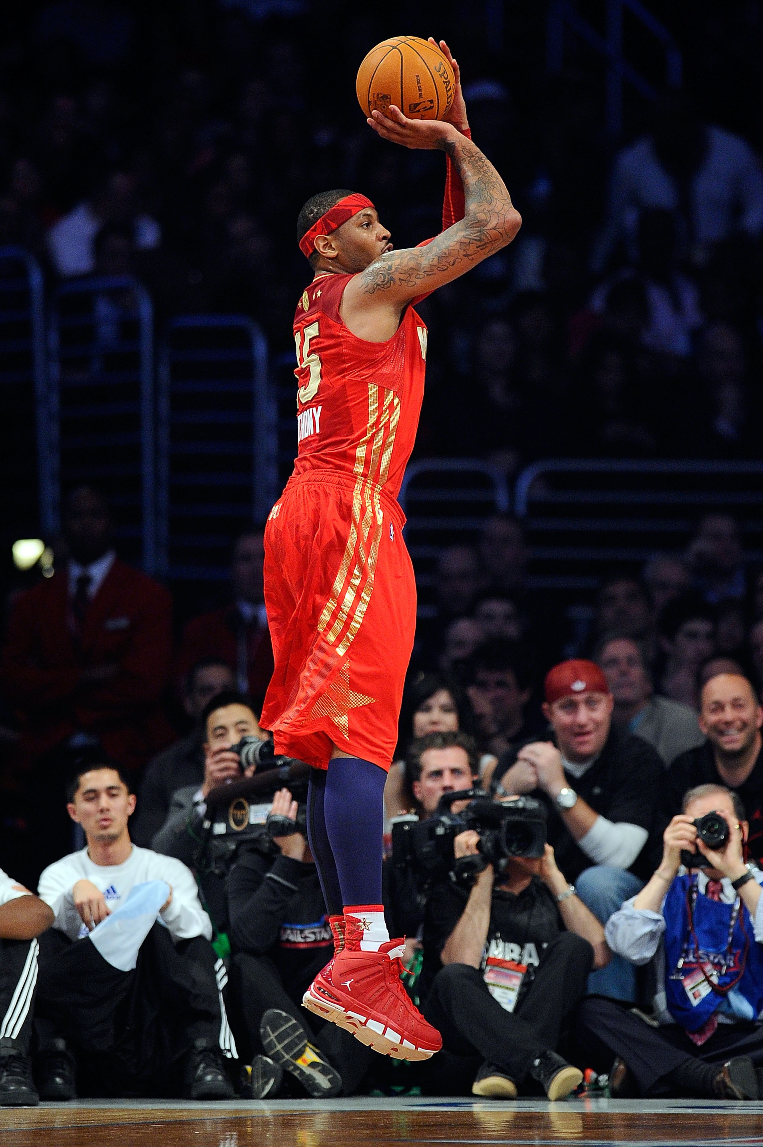 LOS ANGELES, CA - FEBRUARY 20:  Carmelo Anthony #15 of the Denver Nuggets and the Western Conference shoots a jumper from the corner in the first period of the 2011 NBA All-Star Game at Staples Center on February 20, 2011 in Los Angeles, California. NOTE