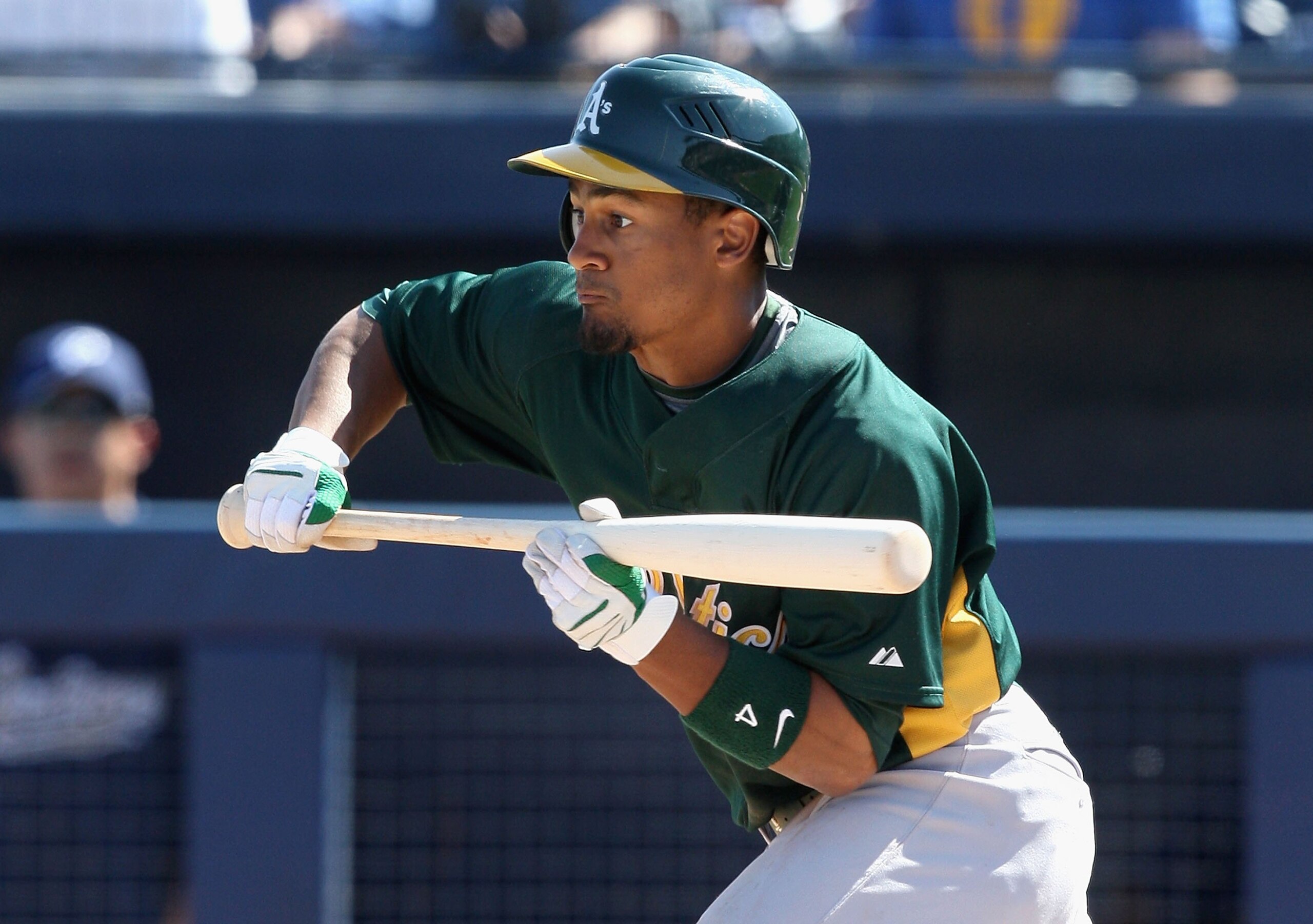 PEORIA, AZ - MARCH 07:  Eric Patterson #4 of the Oakland Athletics bats against the San Diego Padres during the spring training game at Peoria Stadium on March 7, 2009 in Peoria, Arizona. The A's defeated the Padres 15-6.  (Photo by Christian Petersen/Get