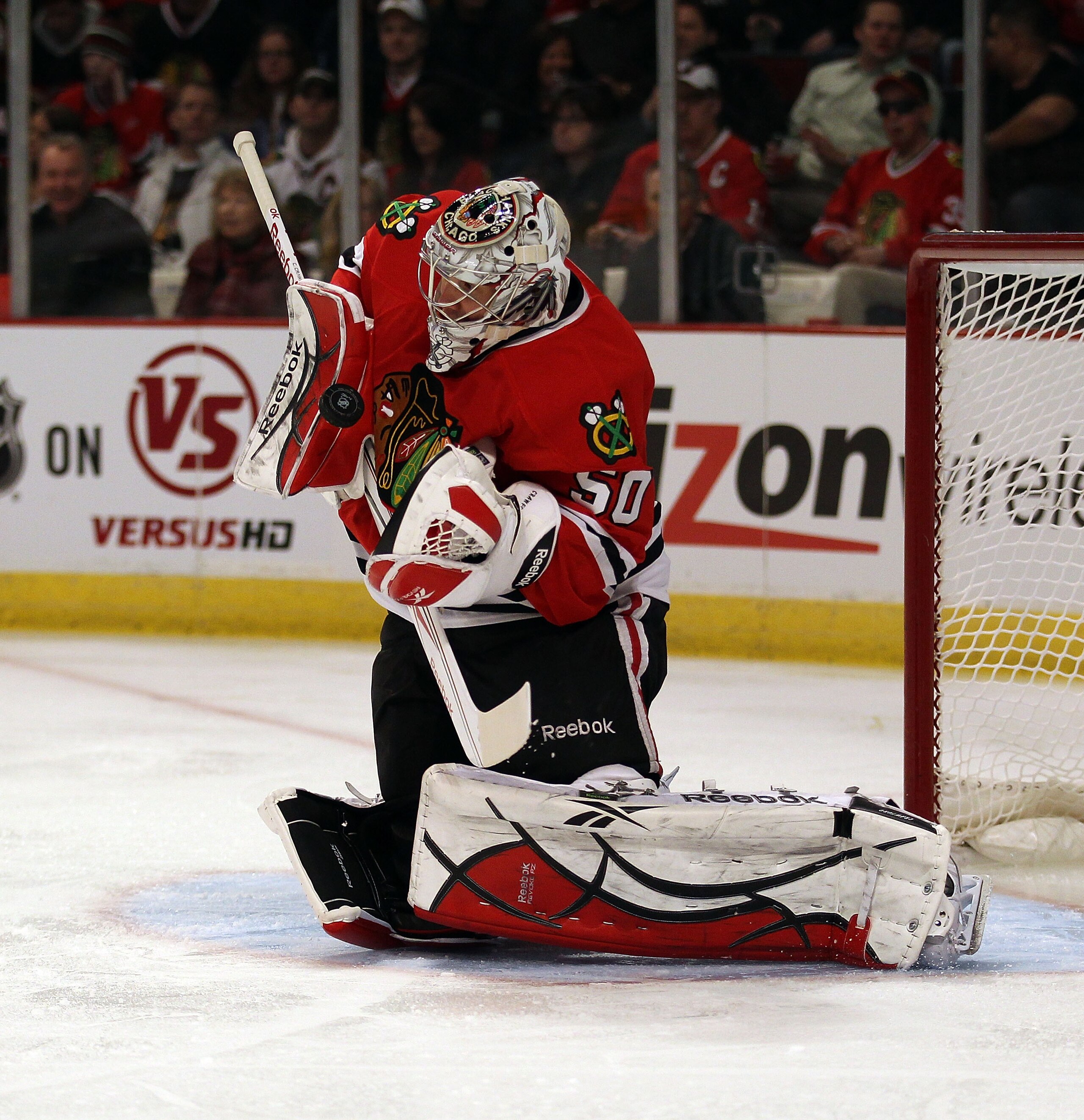 CHICAGO, IL - FEBRUARY 16: Corey Crawford #50 of the Chicago Blackhawks makes a save against the Minnesota Wild at the United Center on February 16, 2011 in Chicago, Illinois. The Blackhawks defeated the Wild 3-1. (Photo by Jonathan Daniel/Getty Images)