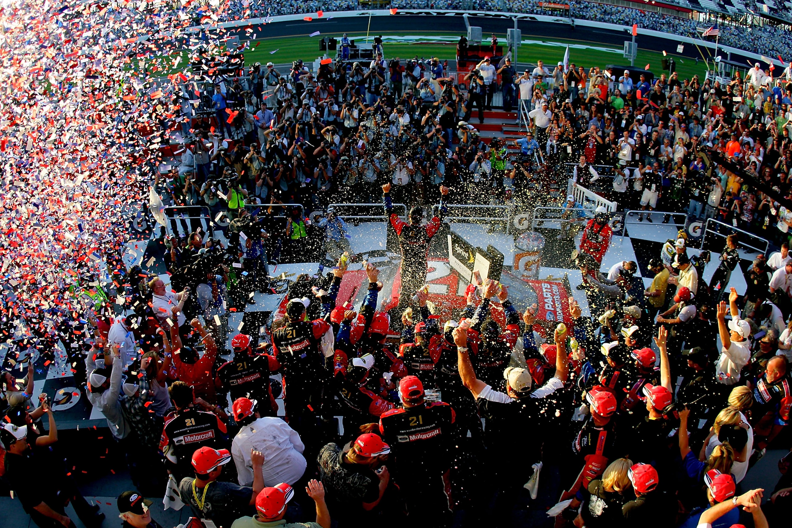 DAYTONA BEACH, FL - FEBRUARY 20: Trevor Bayne, driver of the #21 Motorcraft/Quick Lane Ford, celebrates in Victory Lane after winning the NASCAR Sprint Cup Series Daytona 500 at Daytona International Speedway on February 20, 2011 in Daytona Beach, Florid DAYTONA BEACH, FL - FEBRUARY 20: Trevor Bayne, driver of the #21 Motorcraft/Quick Lane Ford, celebrates in Victory Lane after winning the NASCAR Sprint Cup Series Daytona 500 at Daytona International Speedway on February 20, 2011 in Daytona Beach, Florid