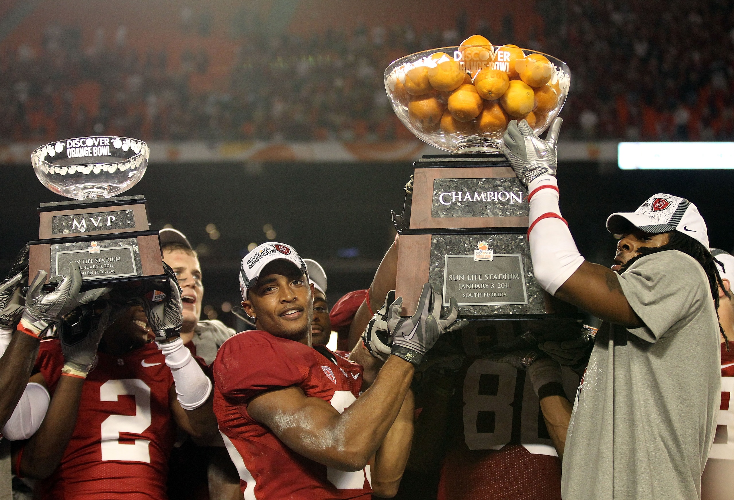 MIAMI, FL - JANUARY 03:  Doug Baldwin #89 (C) of the Stanford Cardinal celebrates with his teammates after Stanford won 40-12 against the Virginia Tech Hokies during the 2011 Discover Orange Bowl at Sun Life Stadium on January 3, 2011 in Miami, Florida.