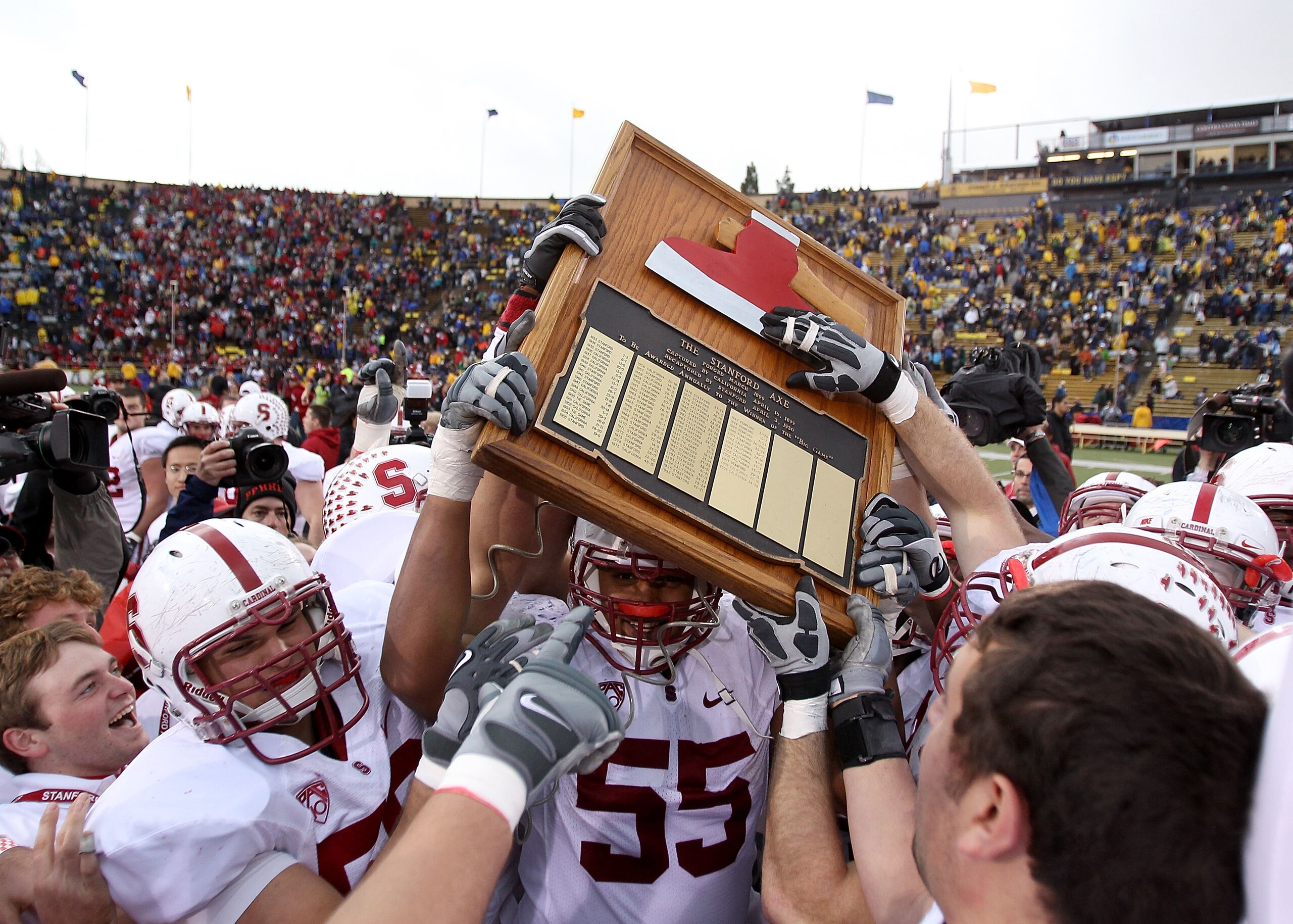 BERKELEY, CA - NOVEMBER 20: The Stanford Cardinal celebrate with 'The Axe' after beating the California Golden Bears at California Memorial Stadium on November 20, 2010 in Berkeley, California. (Photo by Ezra Shaw/Getty Images) BERKELEY, CA - NOVEMBER 20: The Stanford Cardinal celebrate with 'The Axe' after beating the California Golden Bears at California Memorial Stadium on November 20, 2010 in Berkeley, California. (Photo by Ezra Shaw/Getty Images)