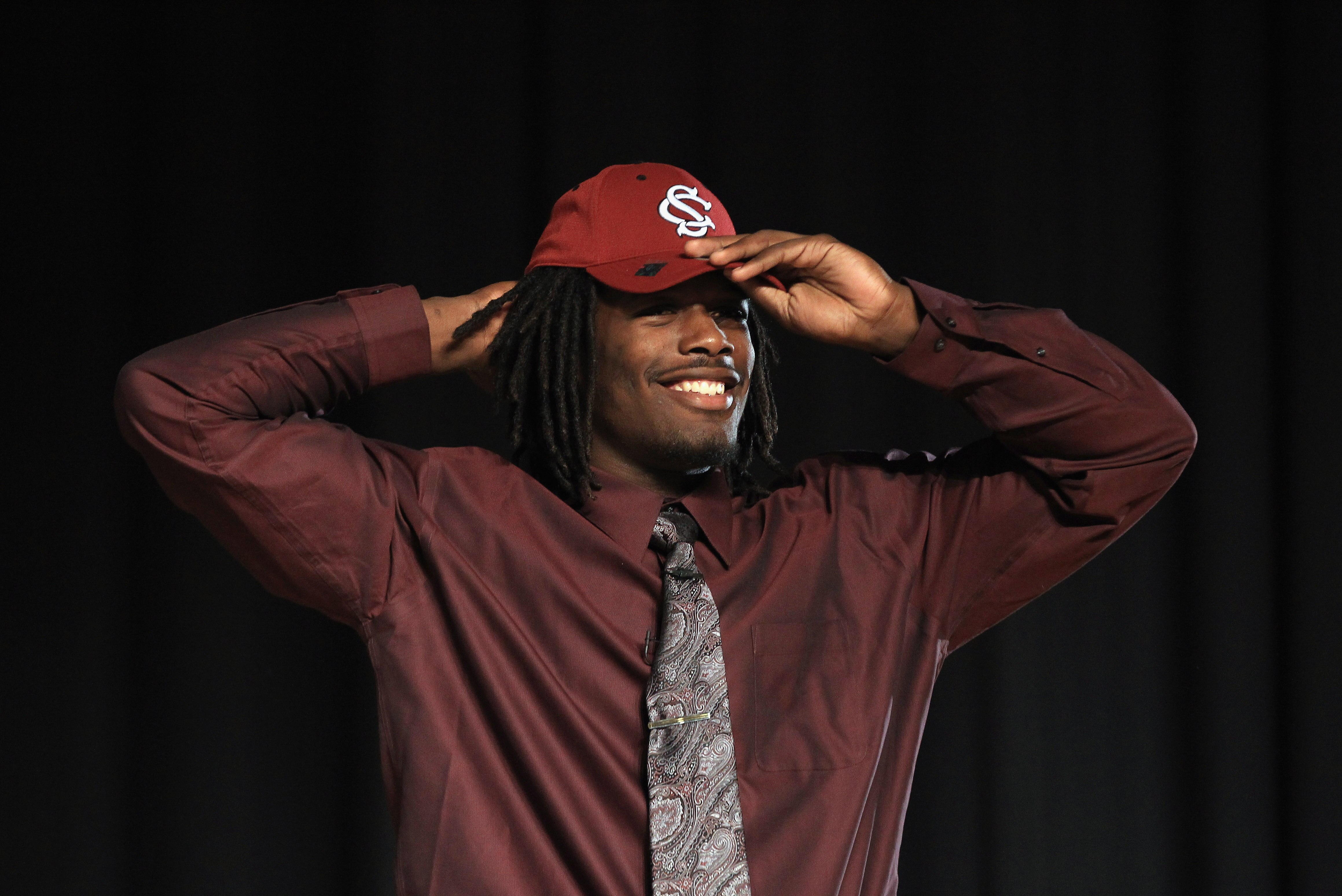 ROCK HILL, SC - FEBRUARY 14:  Jadeveon Clowney announces his college football commitment to the University of South Carolina Gamecocks during a press conference at South Pointe High School on February 14, 2011 in Rock Hill, South Carolina.  (Photo by Stre