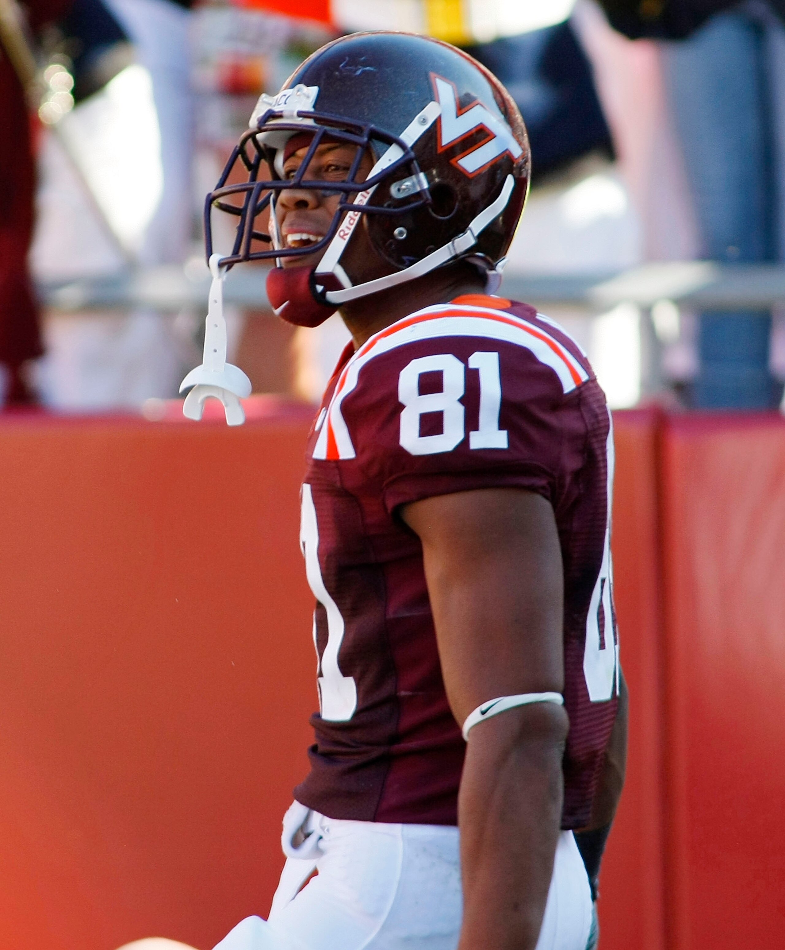 BLACKSBURG, VA - SEPTEMBER 18: Wide receiver Jarrett Boykin #81 of the Virginia Tech Hokies celebrates after scoring a touchdown against the East Carolina Pirates at Lane Stadium on September 18, 2010 in Blacksburg, Virginia. Virginia Tech won 49-27.  (Ph
