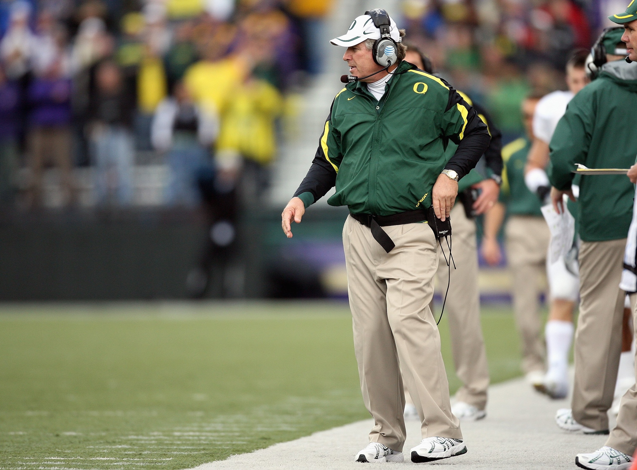SEATTLE - OCTOBER 20: Head coach Mike Bellotti of the Oregon Ducks walks on sidelines during the game against the Washington Huskies at Husky Stadium on October 20, 2007 in Seattle, Washington. The Ducks defeated the Huskies 55-34. (Photo by Otto Greule J