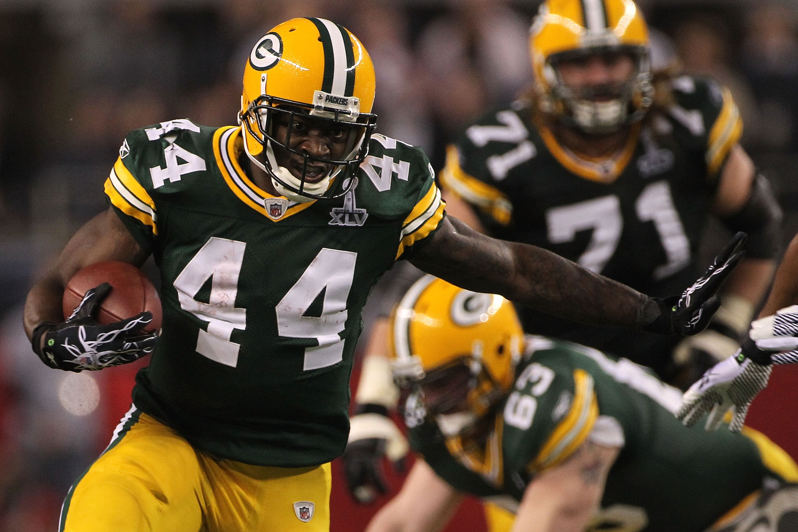 ARLINGTON, TX - FEBRUARY 06:  James Starks #44 of the Green Bay Packers runs the ball in the fourth quarter against the Pittsburgh Steelers during Super Bowl XLV at Cowboys Stadium on February 6, 2011 in Arlington, Texas.  (Photo by Doug Pensinger/Getty I