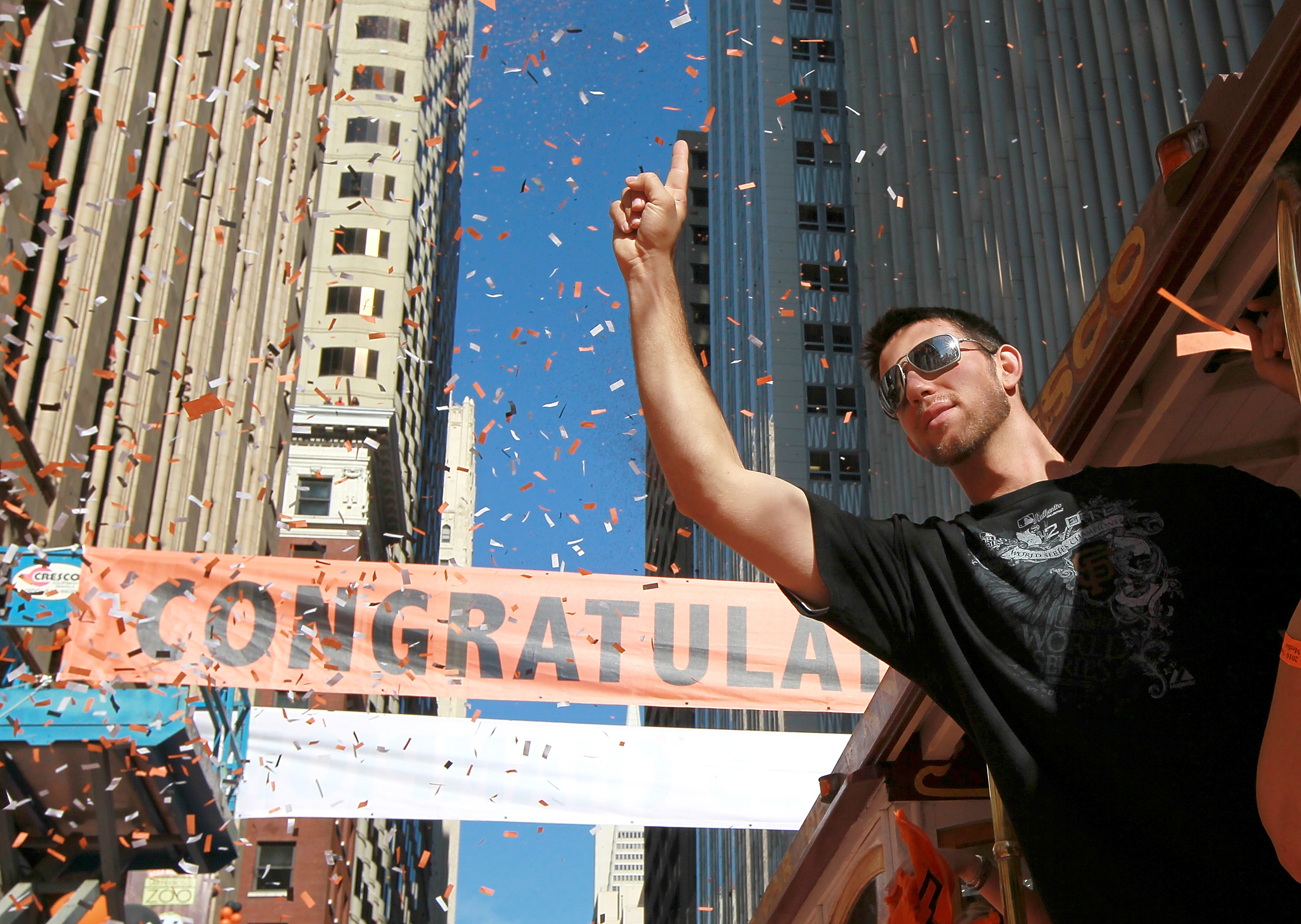 SAN FRANCISCO - NOVEMBER 03:  Madison Bumgarner of the San Francisco Giants celebrates during the Giants' vicotry parade on November 3, 2010 in San Francisco, California. Thousands of Giants fans lined the streets of San Francisco to watch the San Francis