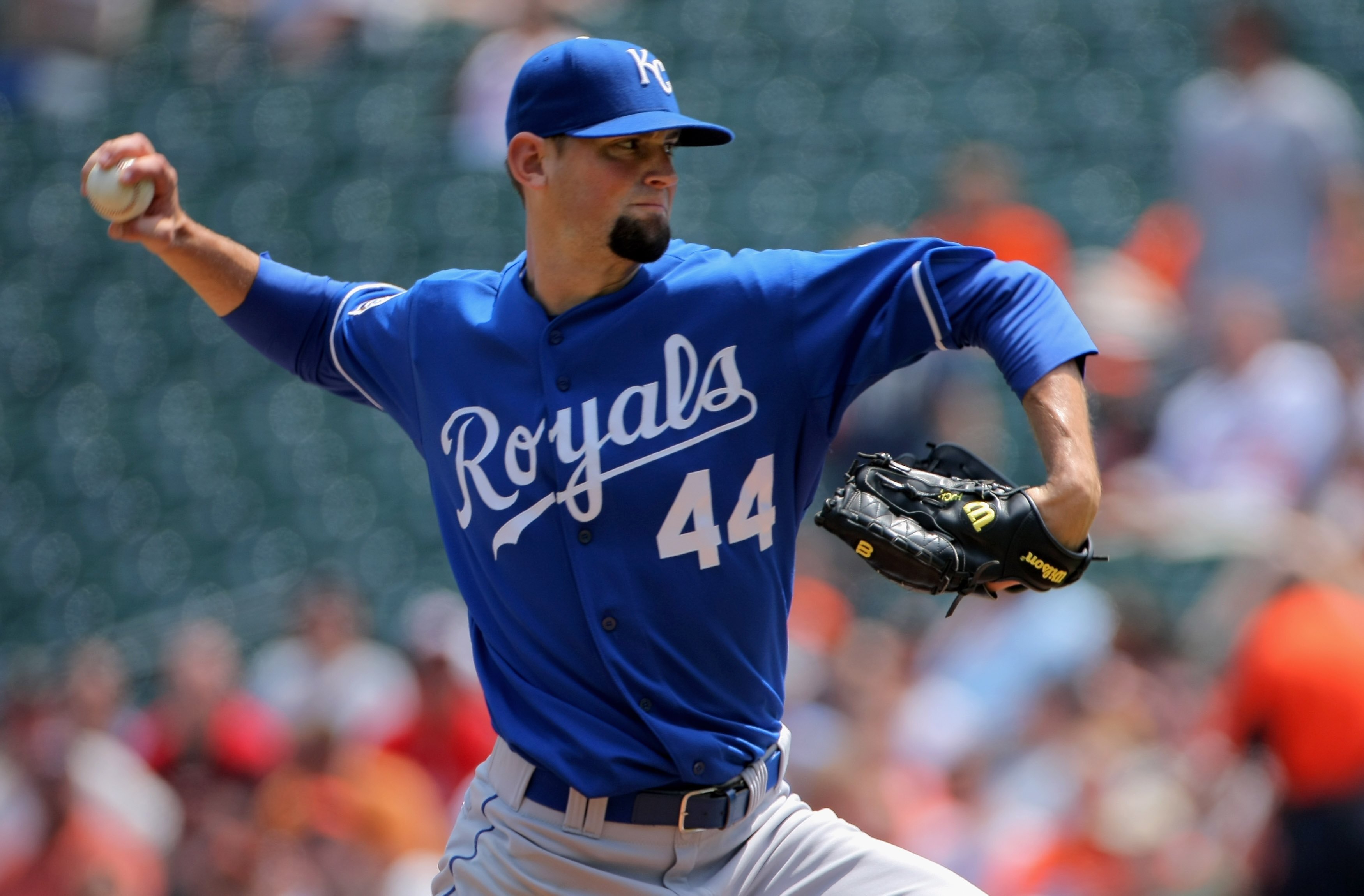 BALTIMORE - JULY 30:  Starting pitcher Luke Hochevar #44 of the Kansas City Royals delivers against the Baltimore Orioles during MLB action at Oriole Park at Camden Yards on July 30, 2009 in Baltimore, Maryland. Hochevar collected the loss as the Orioles