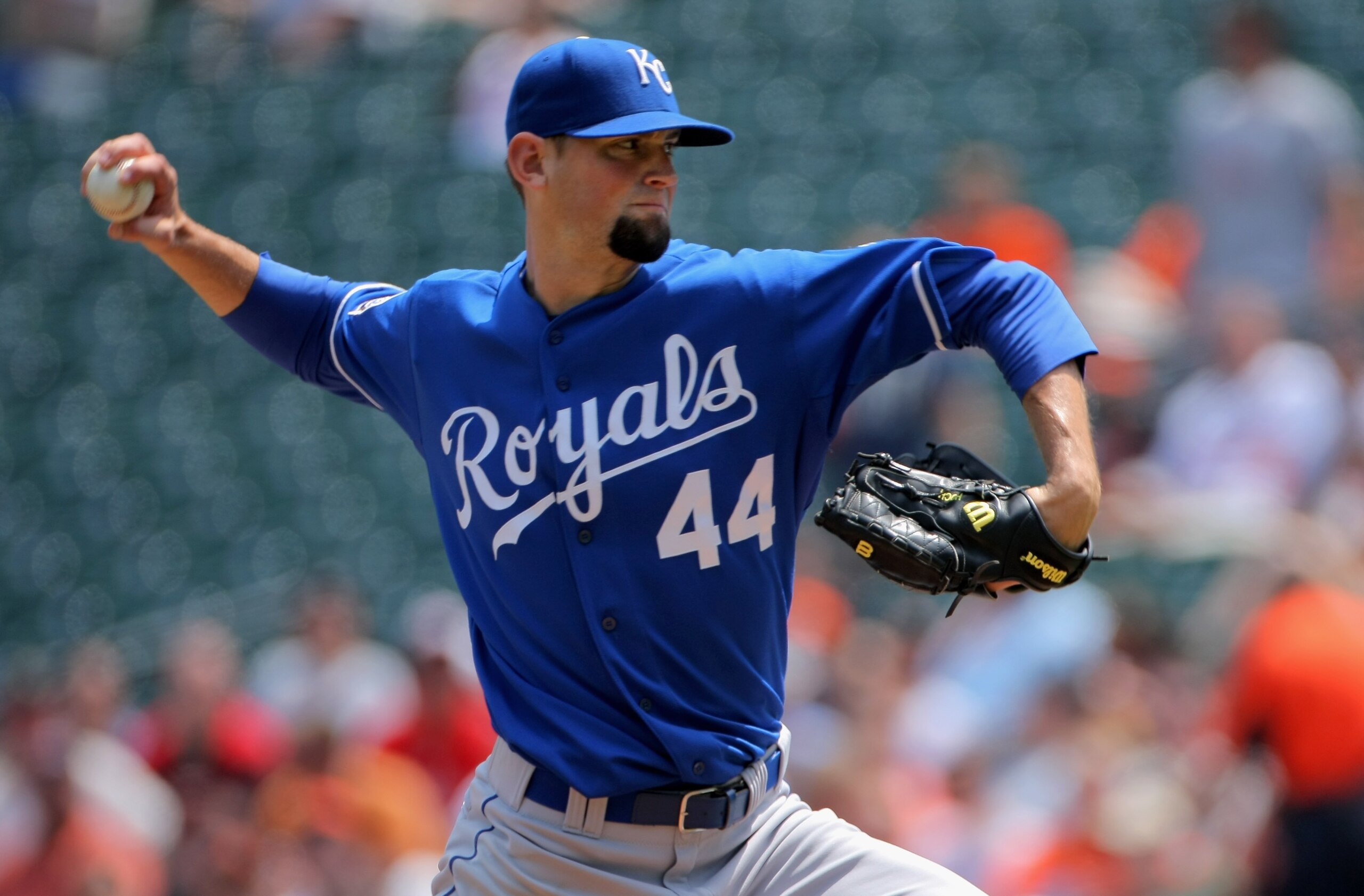 BALTIMORE - JULY 30:  Starting pitcher Luke Hochevar #44 of the Kansas City Royals delivers against the Baltimore Orioles during MLB action at Oriole Park at Camden Yards on July 30, 2009 in Baltimore, Maryland. Hochevar collected the loss as the Orioles