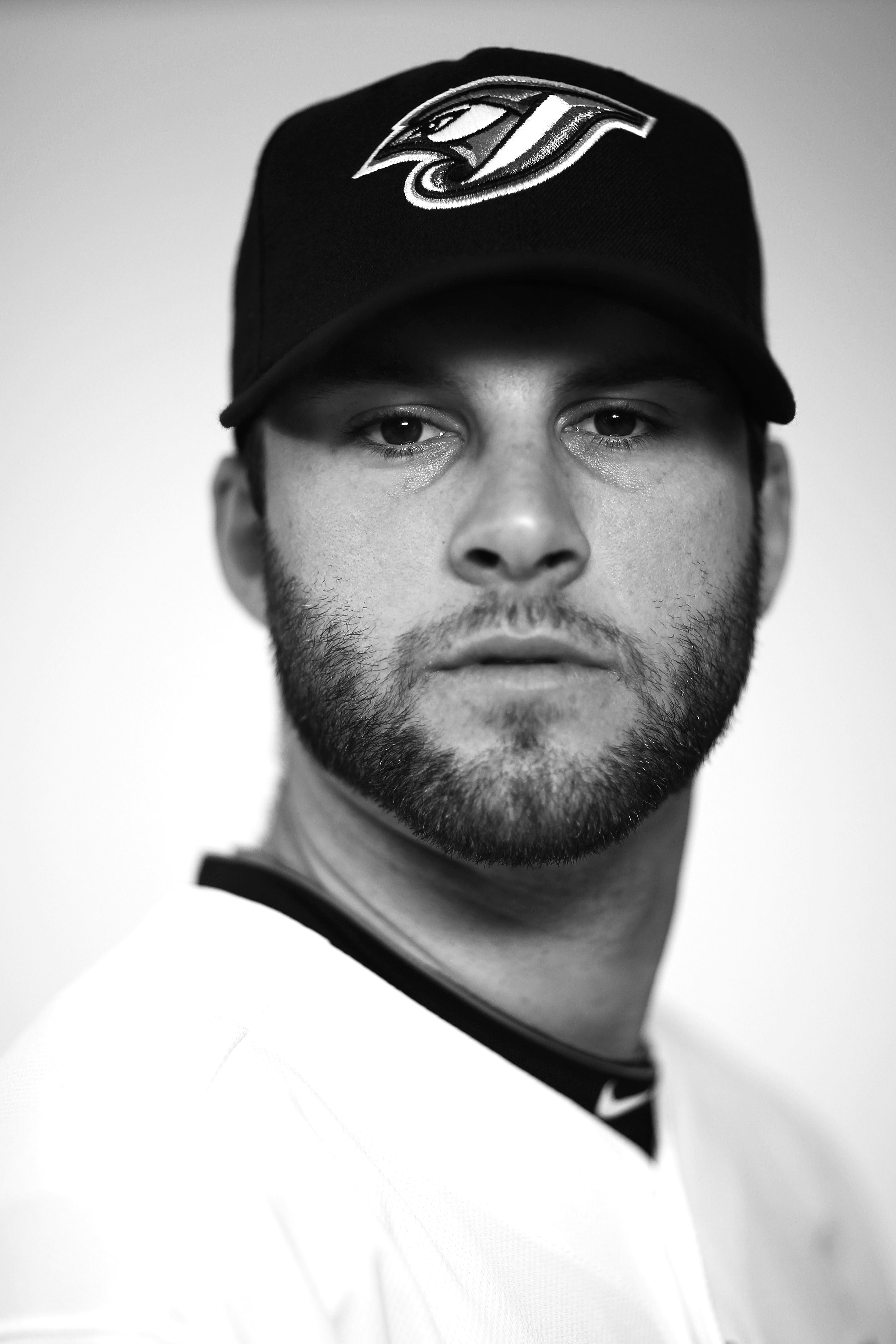 DUNEDIN, FL - FEBRUARY 20:      (EDITORS NOTE: Image has been converted to black and white.) Brandon Morrow #23 of the Toronto Blue Jays poses during photo day at Florida Auto Exchange Stadium on February 20, 2011 in Dunedin, Florida.  (Photo by Nick Laha