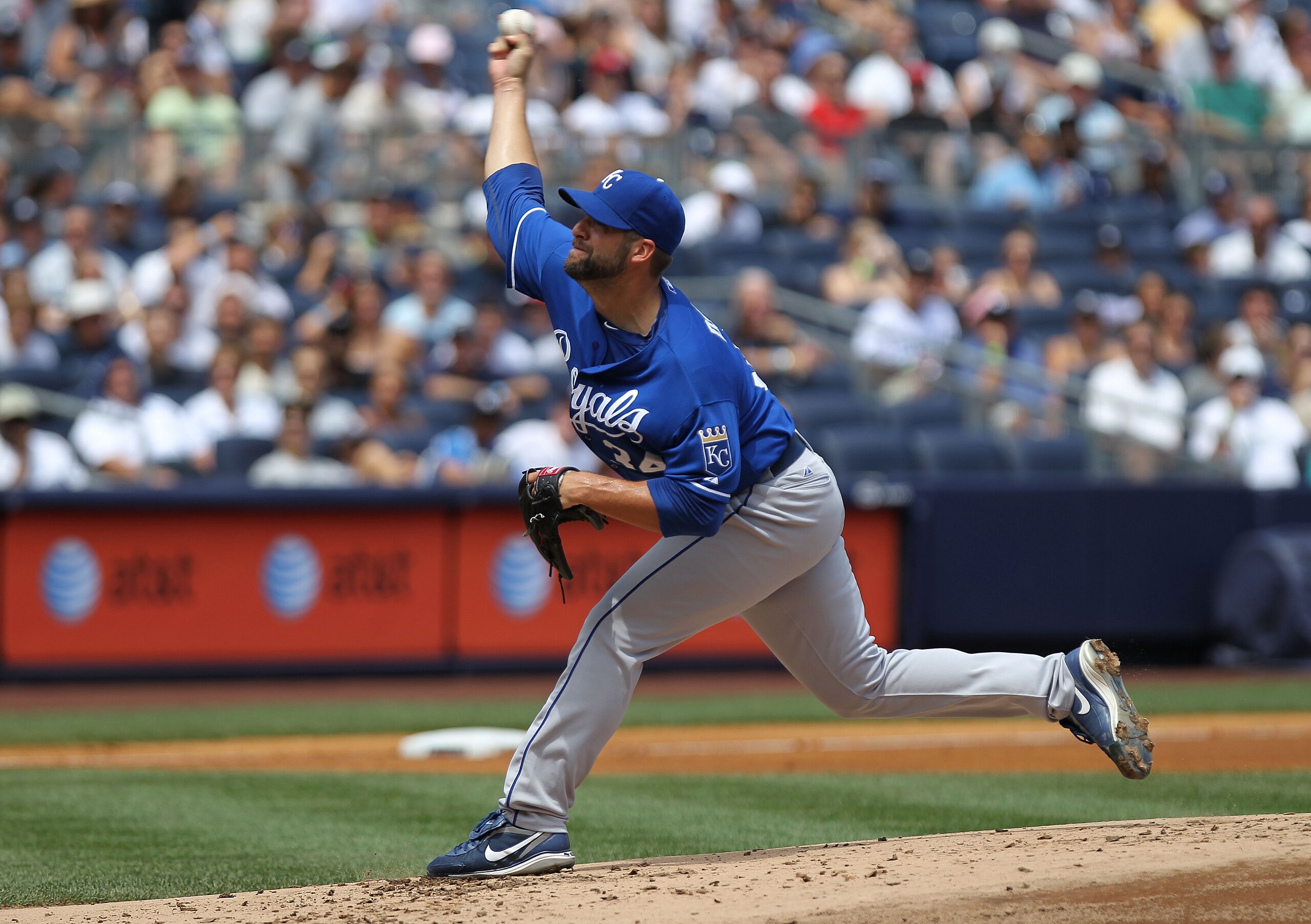NEW YORK - JULY 24: Kyle Davies of the Kansas City Royals pitches against the New York Yankees at Yankee Stadium on July 24, 2010 in the Bronx borough of New York City.  (Photo by Nick Laham/Getty Images)