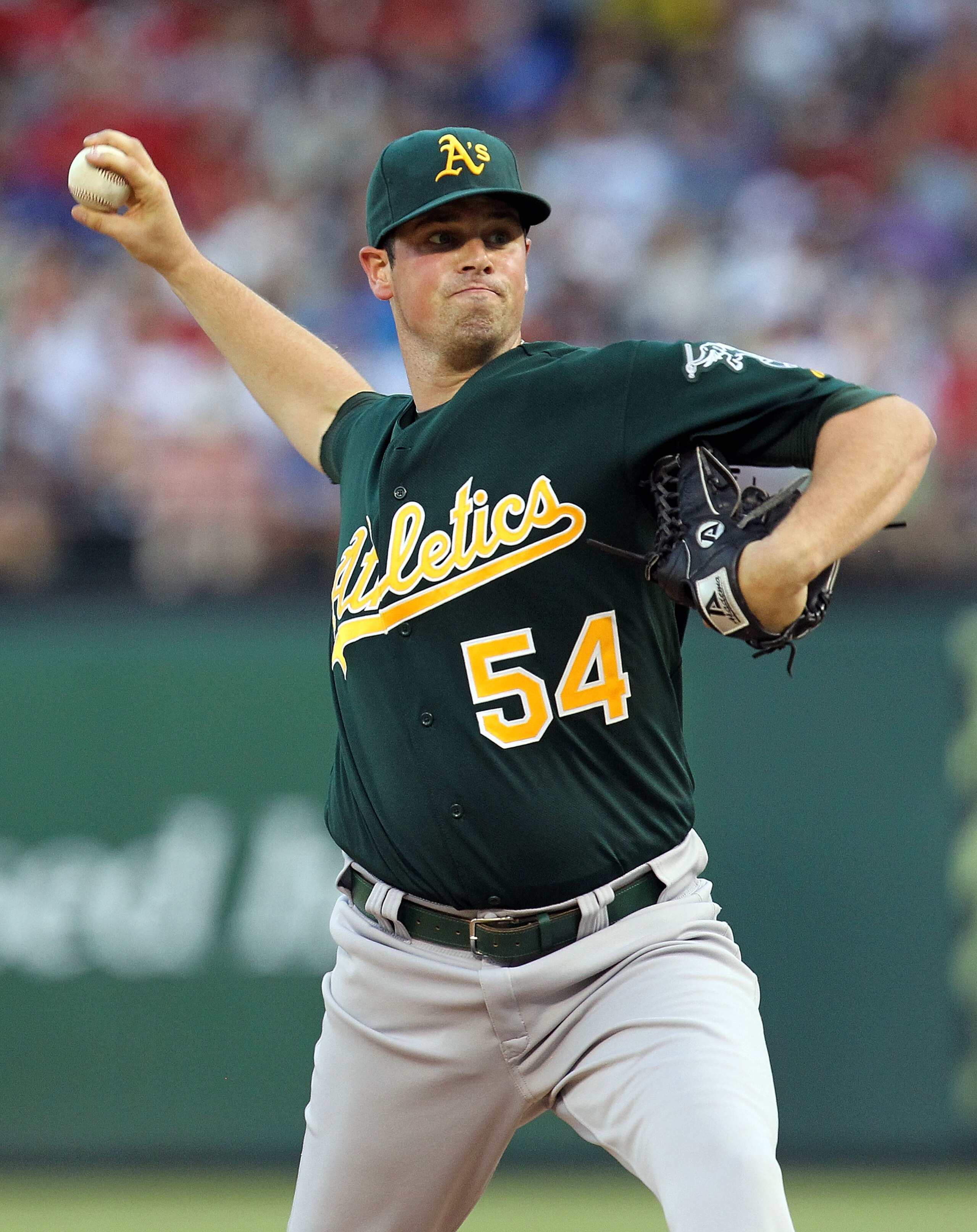 ARLINGTON, TX - JULY 29:  Vin Mazzaro #54 of the Oakland Athletics throws against the Texas Rangers on July 29, 2010 at Rangers Ballpark in Arlington, Texas.  (Photo by Ronald Martinez/Getty Images)