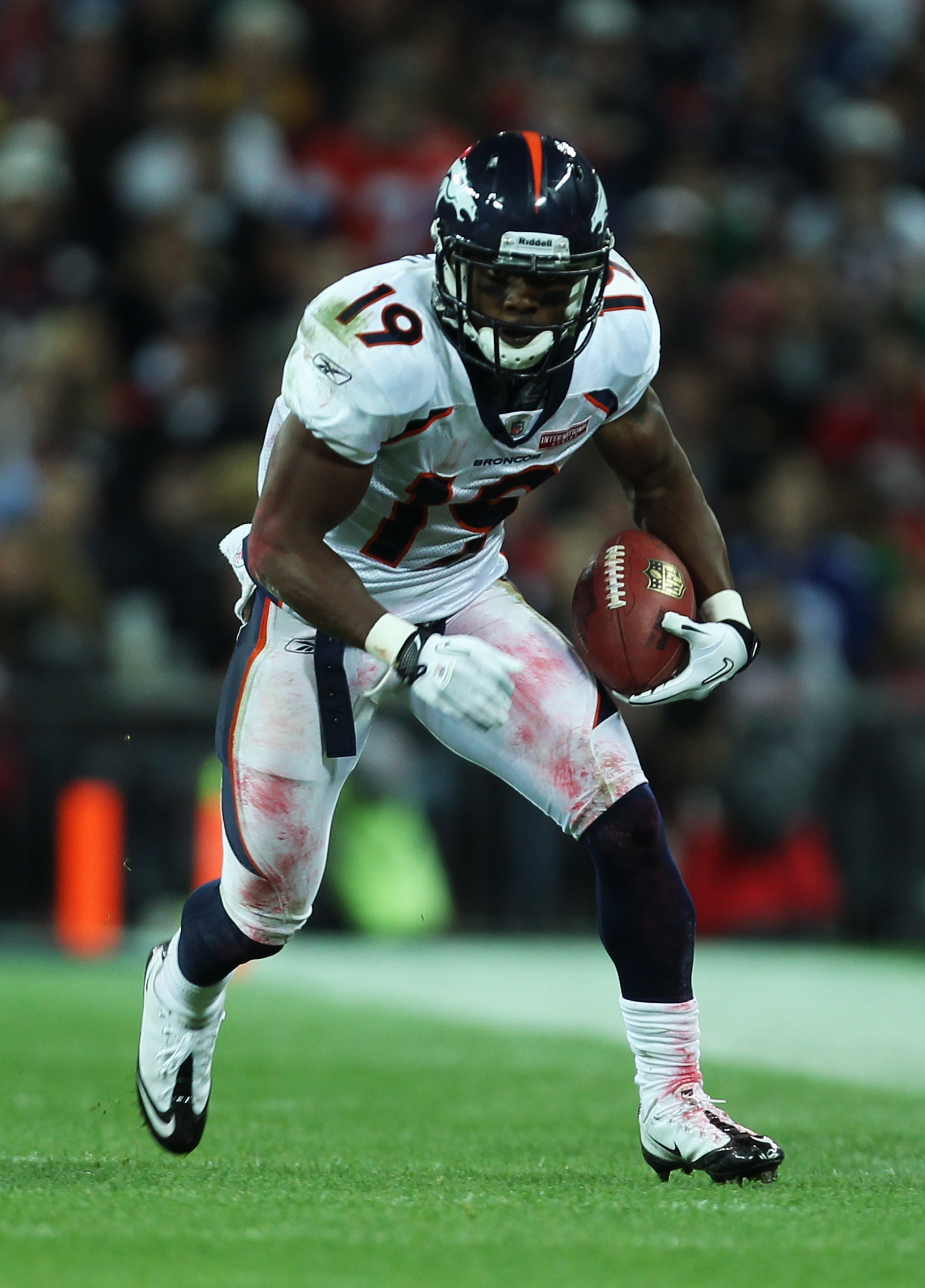 LONDON, ENGLAND - OCTOBER 31:  Eddie Royal #19 of Denver Broncos runs with the ball during the NFL International Series match between Denver Broncos and San Francisco 49ers at Wembley Stadium on October 31, 2010 in London, England. This is the fourth occa