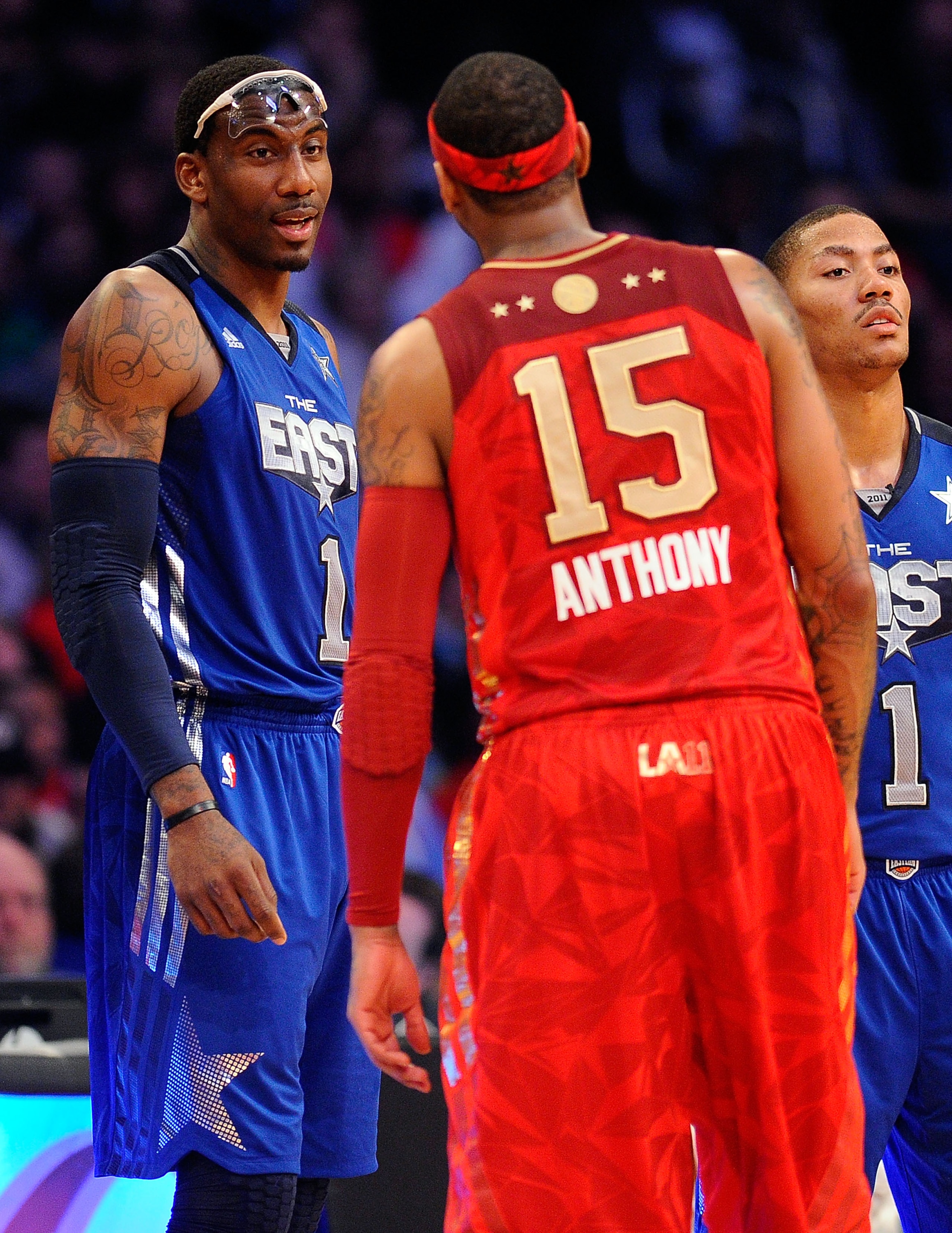 LOS ANGELES, CA - FEBRUARY 20:  Amare Stoudemire #1 of the New York Knicks and the Eastern Conference talks with Carmelo Anthony #15 of the Denver Nuggets and the Western Conference in the first half of the 2011 NBA All-Star Game at Staples Center on Febr