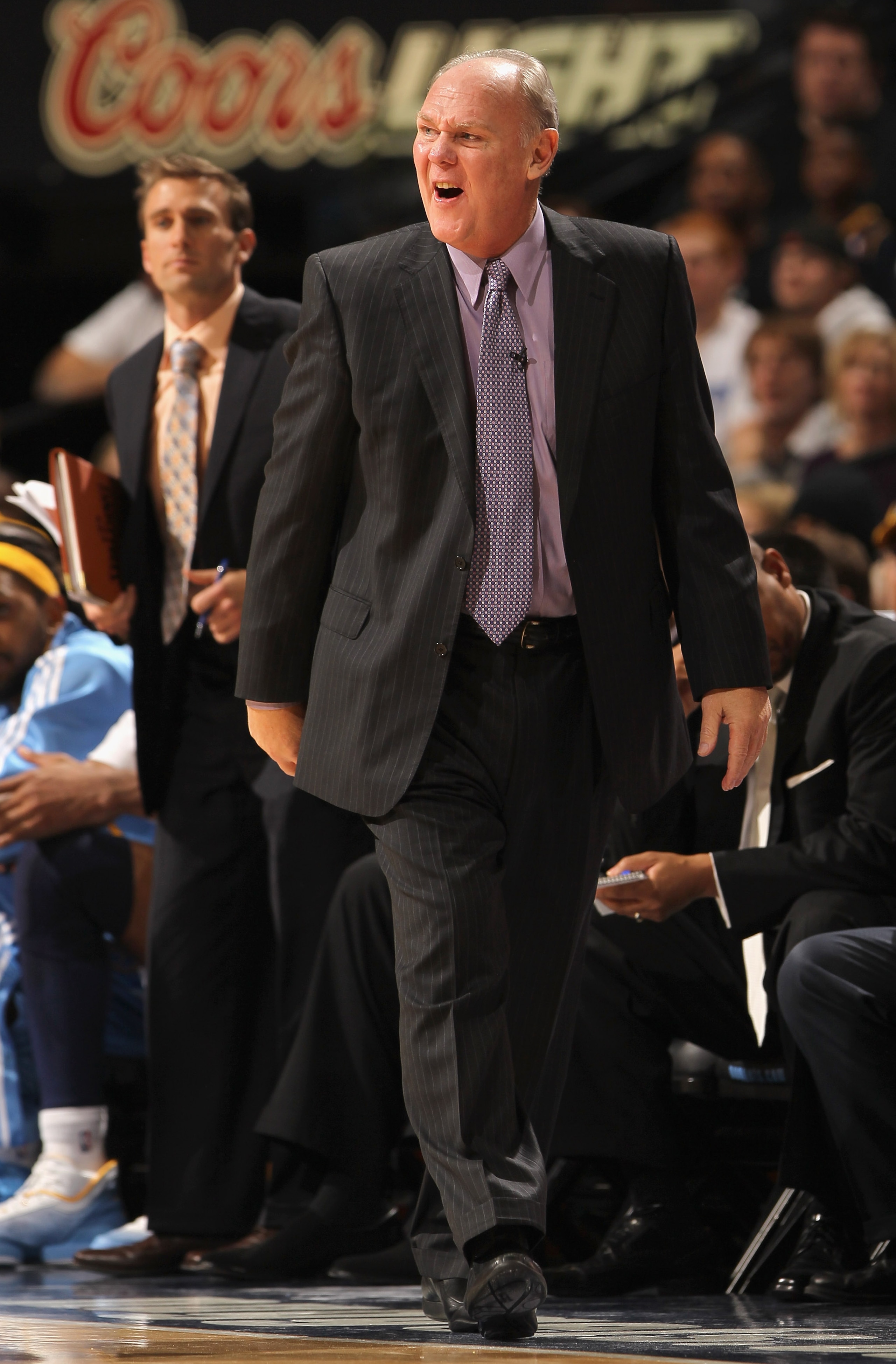DENVER - NOVEMBER 11:  Head coach George Karl of the Denver Nuggets leads his team against the Los Angeles Lakers at the Pepsi Center on November 11, 2010 in Denver, Colorado. The Nuggets defeated the Lakers 118-112.  NOTE TO USER: User expressly acknowle
