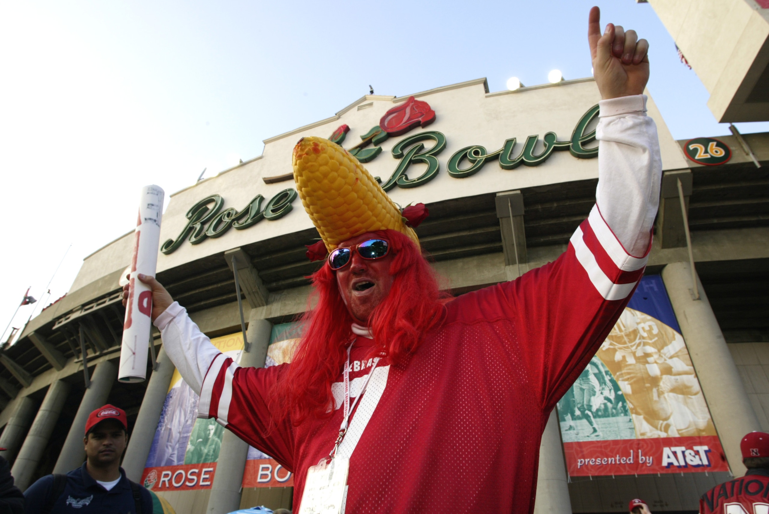 3 Jan 2002: A Nebraska fan wears a 'corn head' in support of his team before the start of the Rose Bowl National Championship game against Miami at the Rose Bowl in Pasadena, California. Miami won the game 37-14, winning the BCS and the National Champi 3 Jan 2002: A Nebraska fan wears a 'corn head' in support of his team before the start of the Rose Bowl National Championship game against Miami at the Rose Bowl in Pasadena, California. Miami won the game 37-14, winning the BCS and the National Champi