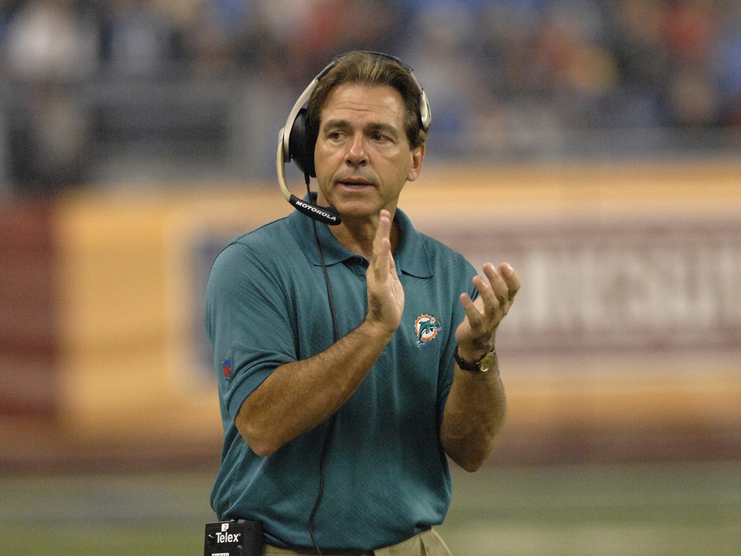 Miami Dolphins coach Nick Saban on the sidelines   against the Detroit Lions in a Thanksgiving Day game Nov. 23, 2006 in Detroit. The Dolphins won 21 - 10.  (Photo by Al Messerschmidt/Getty Images)