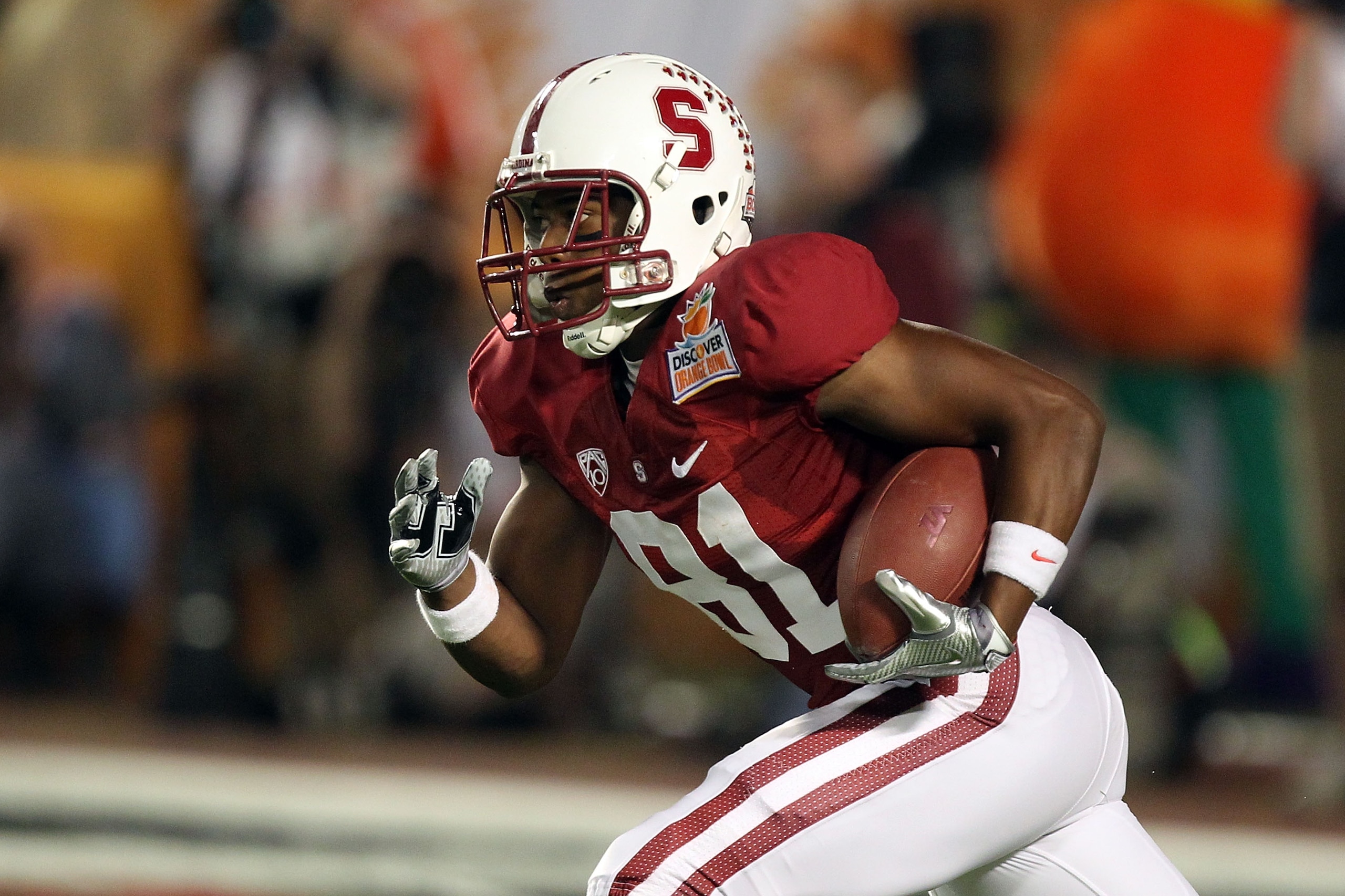 MIAMI, FL - JANUARY 03: Chris Owusu #81 of the Stanford Cardinal returns a kick against the Virginia Tech Hokies during the 2011 Discover Orange Bowl at Sun Life Stadium on January 3, 2011 in Miami, Florida. Stanford won 40-12. (Photo by Streeter Lecka/Ge