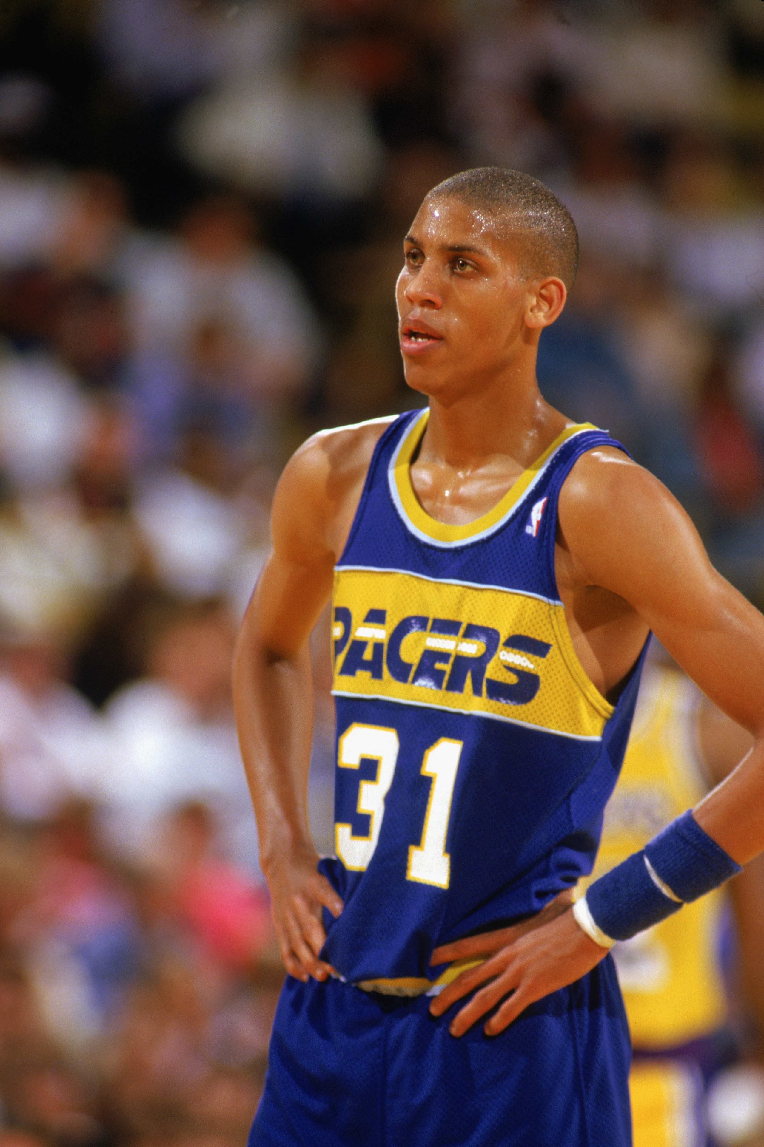 INGLEWOOD, CA - 1987:  Reggie Miller #31 of the Indiana Pacers looks on against the Los Angeles Lakers during the game at the Great Western Forum in Inglewood, California.  (Photo by Stephen Dunn/Getty Images)
