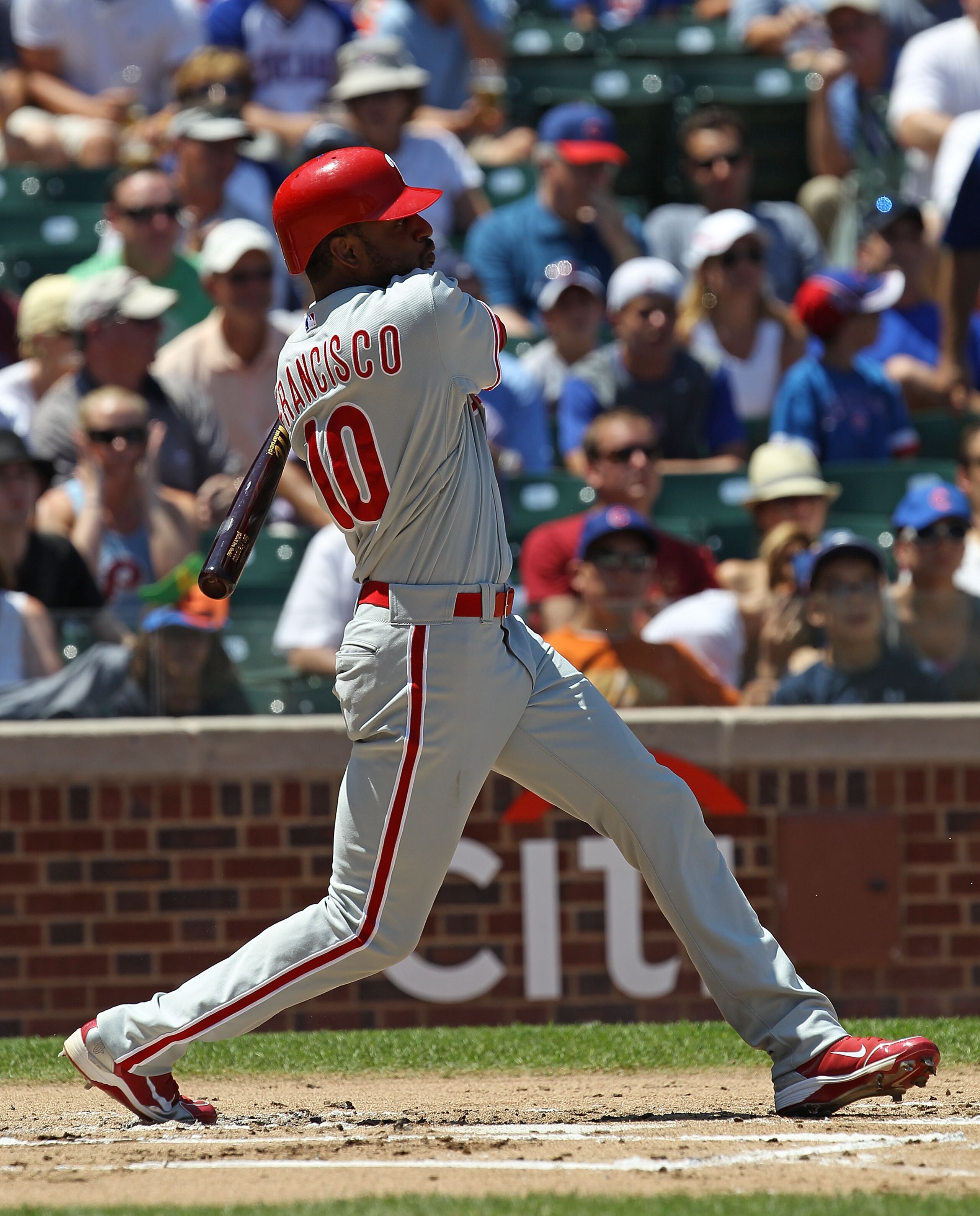 CHICAGO - JULY 16: Ben Francisco #10 of the Philadelphia Phillies takes a swing against the Chicago Cubs at Wrigley Field on July 16, 2010 in Chicago, Illinois. The Cubs defeated the Phillies 4-3. (Photo by Jonathan Daniel/Getty Images) CHICAGO - JULY 16: Ben Francisco #10 of the Philadelphia Phillies takes a swing against the Chicago Cubs at Wrigley Field on July 16, 2010 in Chicago, Illinois. The Cubs defeated the Phillies 4-3. (Photo by Jonathan Daniel/Getty Images)