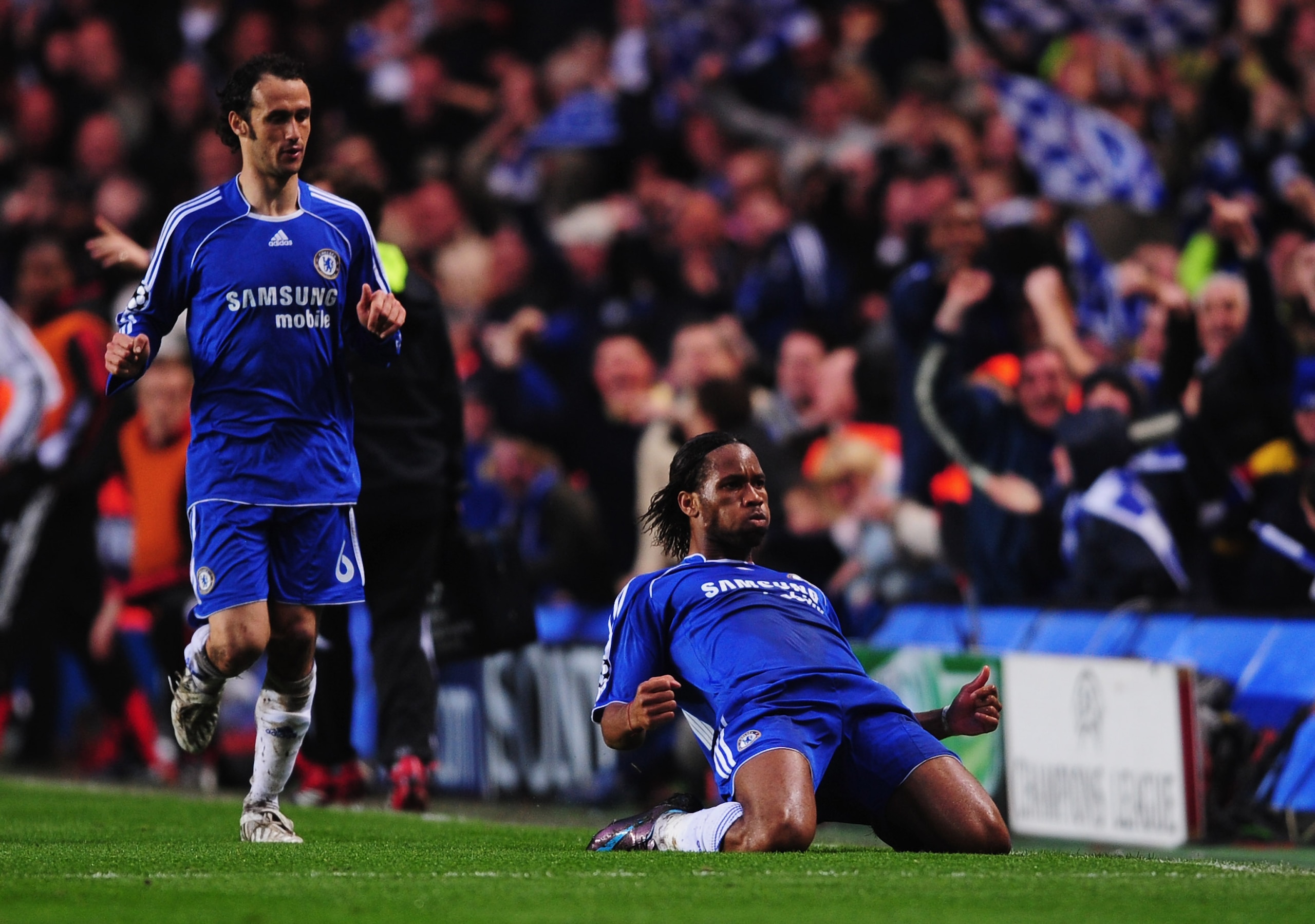 LONDON - APRIL 30:  Didier Drogba of Chelsea celebrates with Ricardo Carvalho as he scores their first goal during the UEFA Champions League Semi Final 2nd leg match between Chelsea and Liverpool at Stamford Bridge on April 30, 2008 in London, England.  (