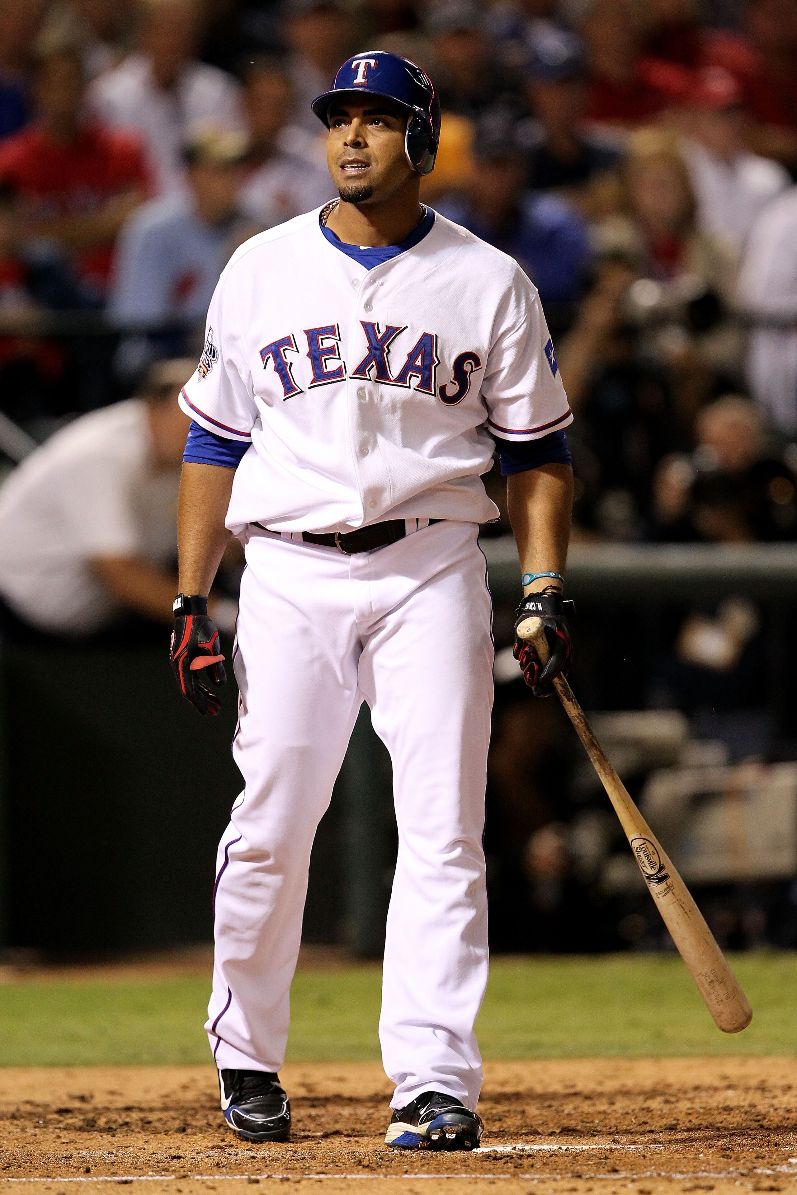 ARLINGTON, TX - NOVEMBER 01: Nelson Cruz #17 of the Texas Rangers reacts after he struck out to end the fourth inning against the San Francisco Giants in Game Five of the 2010 MLB World Series at Rangers Ballpark in Arlington on November 1, 2010 in Arlin ARLINGTON, TX - NOVEMBER 01: Nelson Cruz #17 of the Texas Rangers reacts after he struck out to end the fourth inning against the San Francisco Giants in Game Five of the 2010 MLB World Series at Rangers Ballpark in Arlington on November 1, 2010 in Arlin