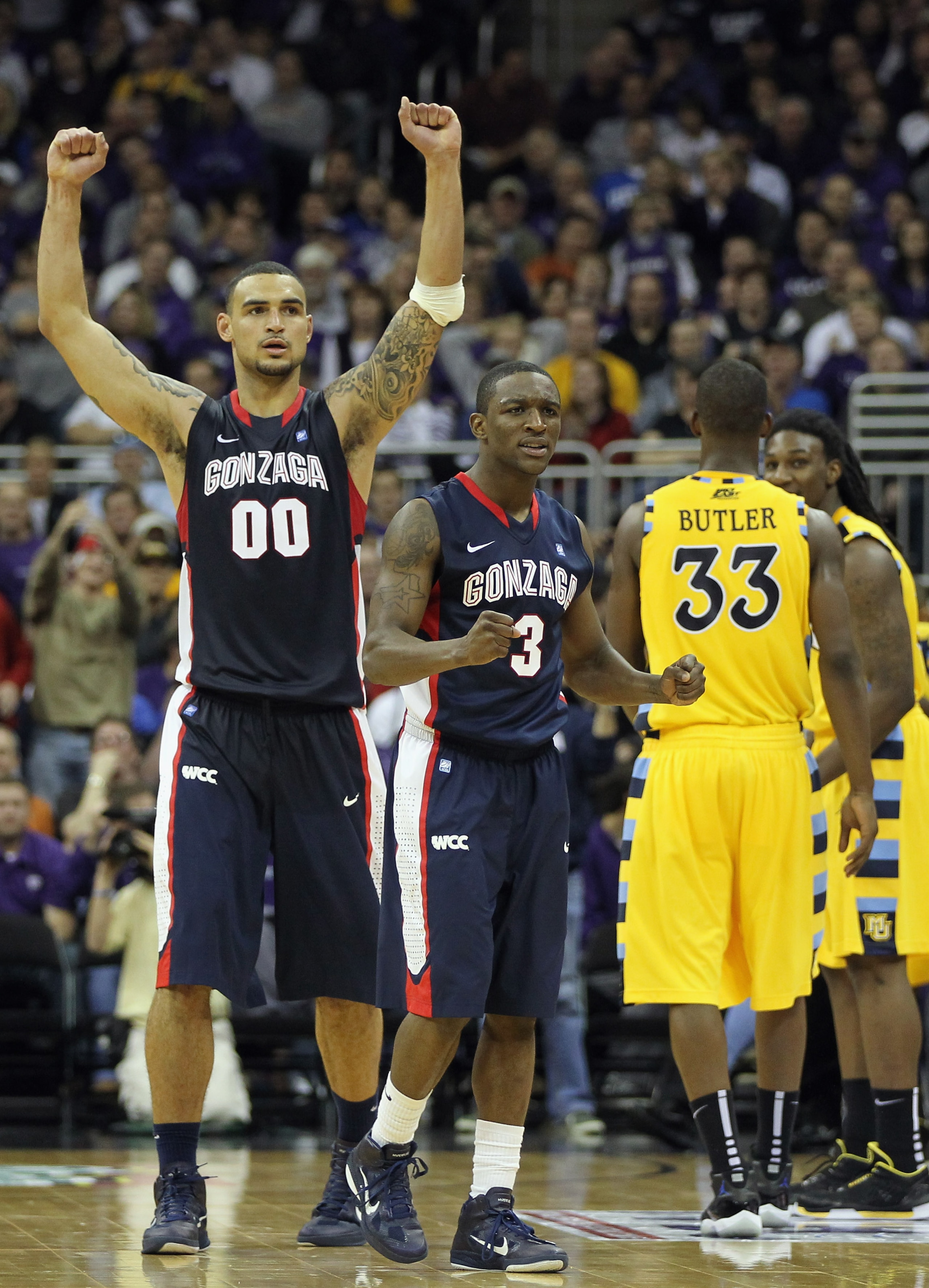 KANSAS CITY, MO - NOVEMBER 23:  Robert Sacre #00 and Demetri Goodson #3 of the Gonzaga Bulldogs celebrate after defeating the Marquette Golden Eagles to win the CBE Classic consolation game on November 23, 2010 at the Sprint Center in Kansas City, Missour