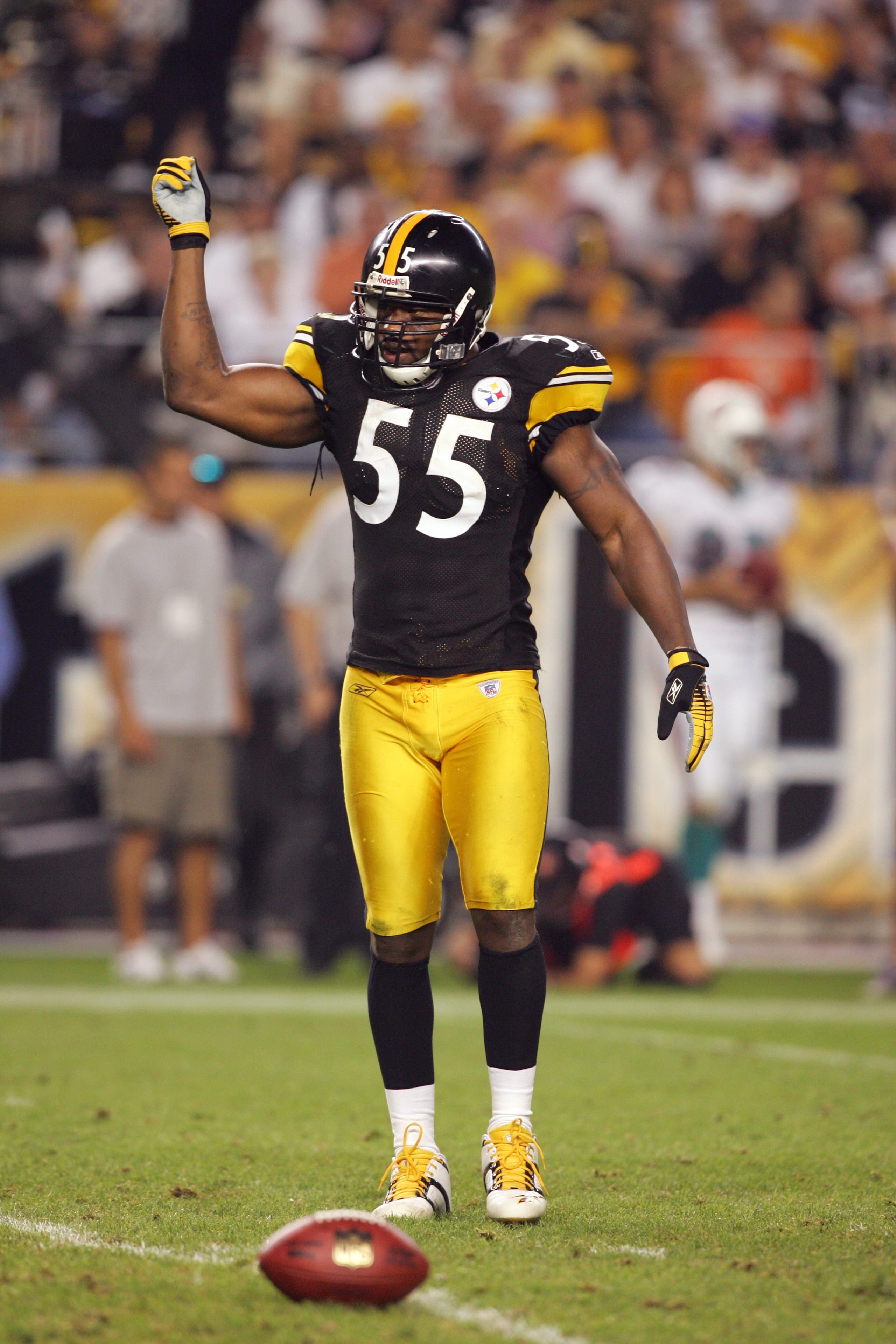 PITTSBURGH - SEPTEMBER 7: Outside linebacker Joey Porter #55 of the Pittsburgh Steelers celebrates during the game against the Miami Dolphins on September 7, 2006 at Heinz Field in Pittsburgh, Pennsylvania. The Steelers won 28-17. (Photo by Jim McIsaac PITTSBURGH - SEPTEMBER 7: Outside linebacker Joey Porter #55 of the Pittsburgh Steelers celebrates during the game against the Miami Dolphins on September 7, 2006 at Heinz Field in Pittsburgh, Pennsylvania. The Steelers won 28-17. (Photo by Jim McIsaac