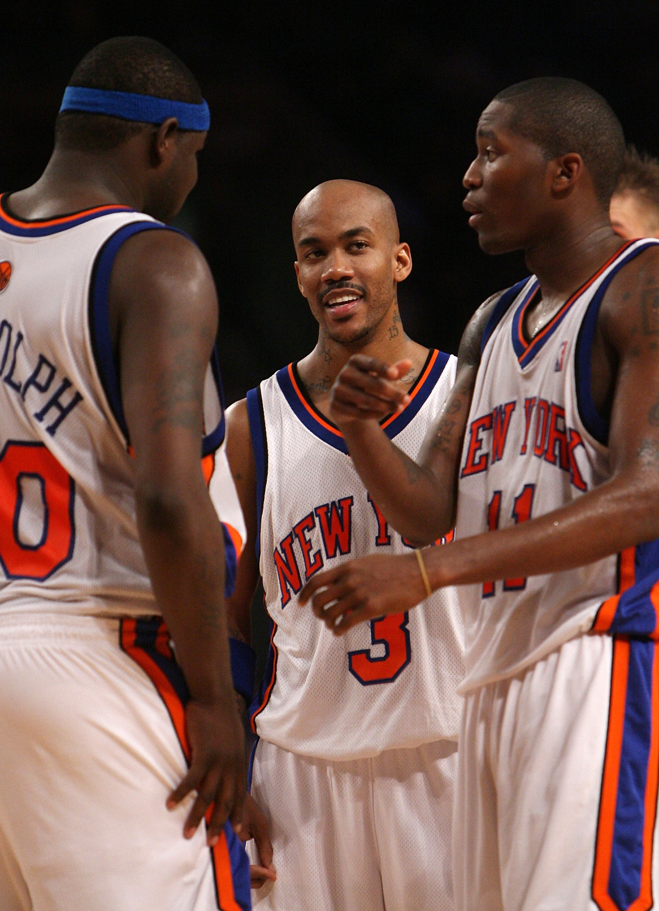 NEW YORK - NOVEMBER 26: (L-R) Zach Randolph #50, Stephon Marbury #3 and Jamal Crawford #11 of the New York Knicks talk during the game against the Utah Jazz on November 26, 2007 at Madison Square Garden in New York City. NOTE TO USER: User expressly ackno