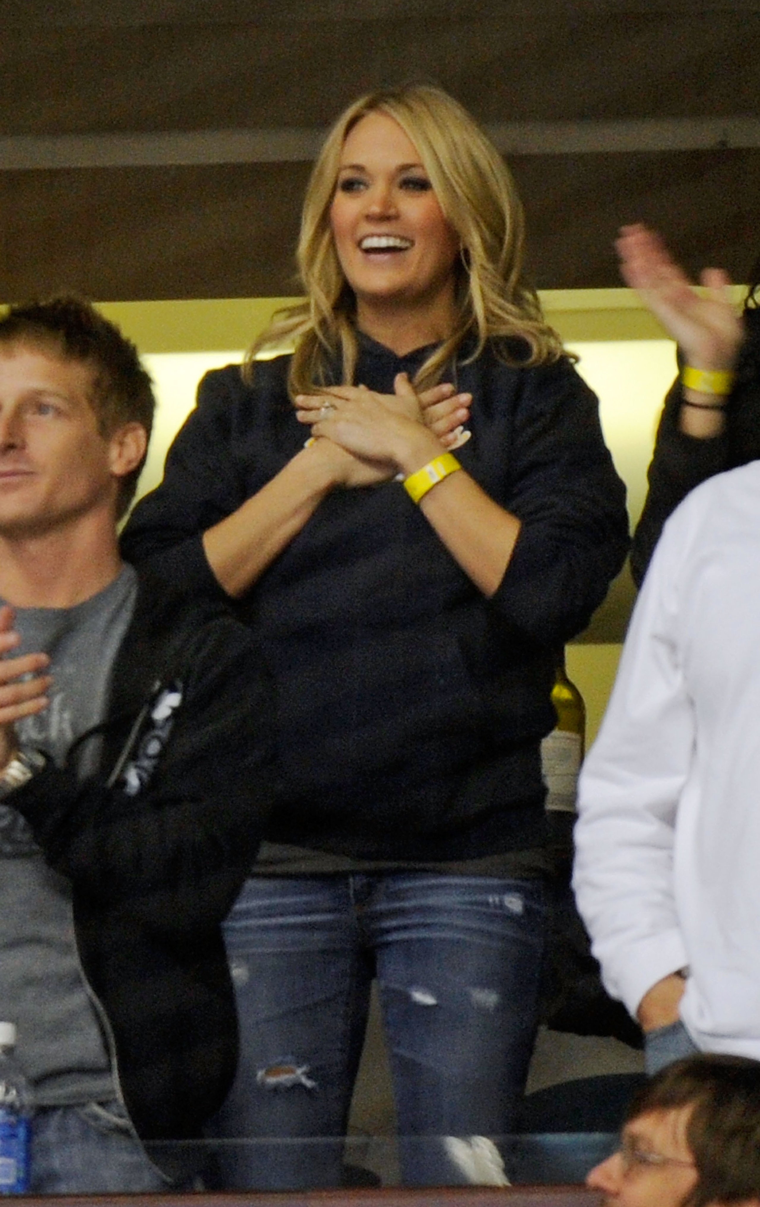 NASHVILLE, TN - FEBRUARY 17: Country singer Carrie Underwood celebrates after a goal is scored by husband Mike Fisher of the Nashville Predators on February 17, 2011 at the Bridgestone Arena in Nashville, Tennessee. (Photo by Frederick Breedon/Getty Ima NASHVILLE, TN - FEBRUARY 17: Country singer Carrie Underwood celebrates after a goal is scored by husband Mike Fisher of the Nashville Predators on February 17, 2011 at the Bridgestone Arena in Nashville, Tennessee. (Photo by Frederick Breedon/Getty Ima