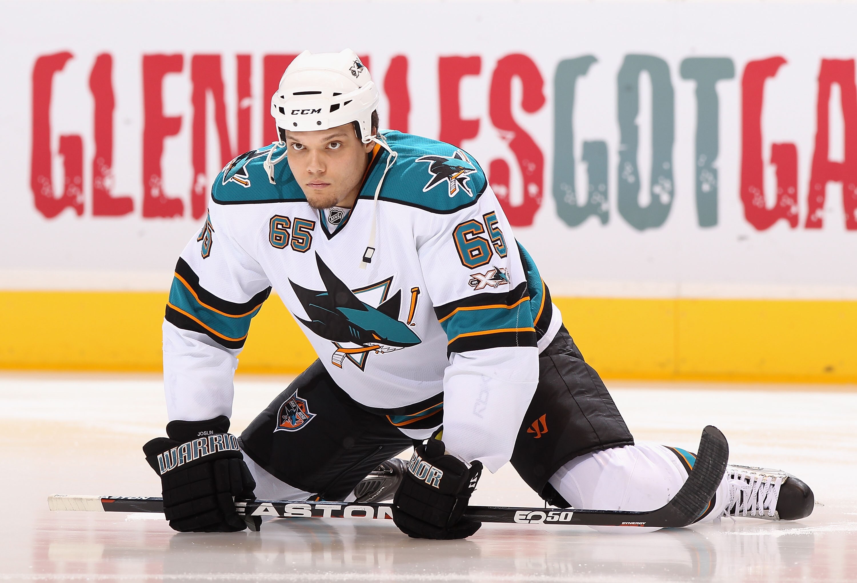 GLENDALE, AZ - JANUARY 17:  Derek Joslin #65 of the San Jose Sharks warms up before before the NHL game against the Phoenix Coyotes at Jobing.com Arena on January 17, 2011 in Glendale, Arizona.  The Sharks defeated the Coyotes 4-2.  (Photo by Christian Pe
