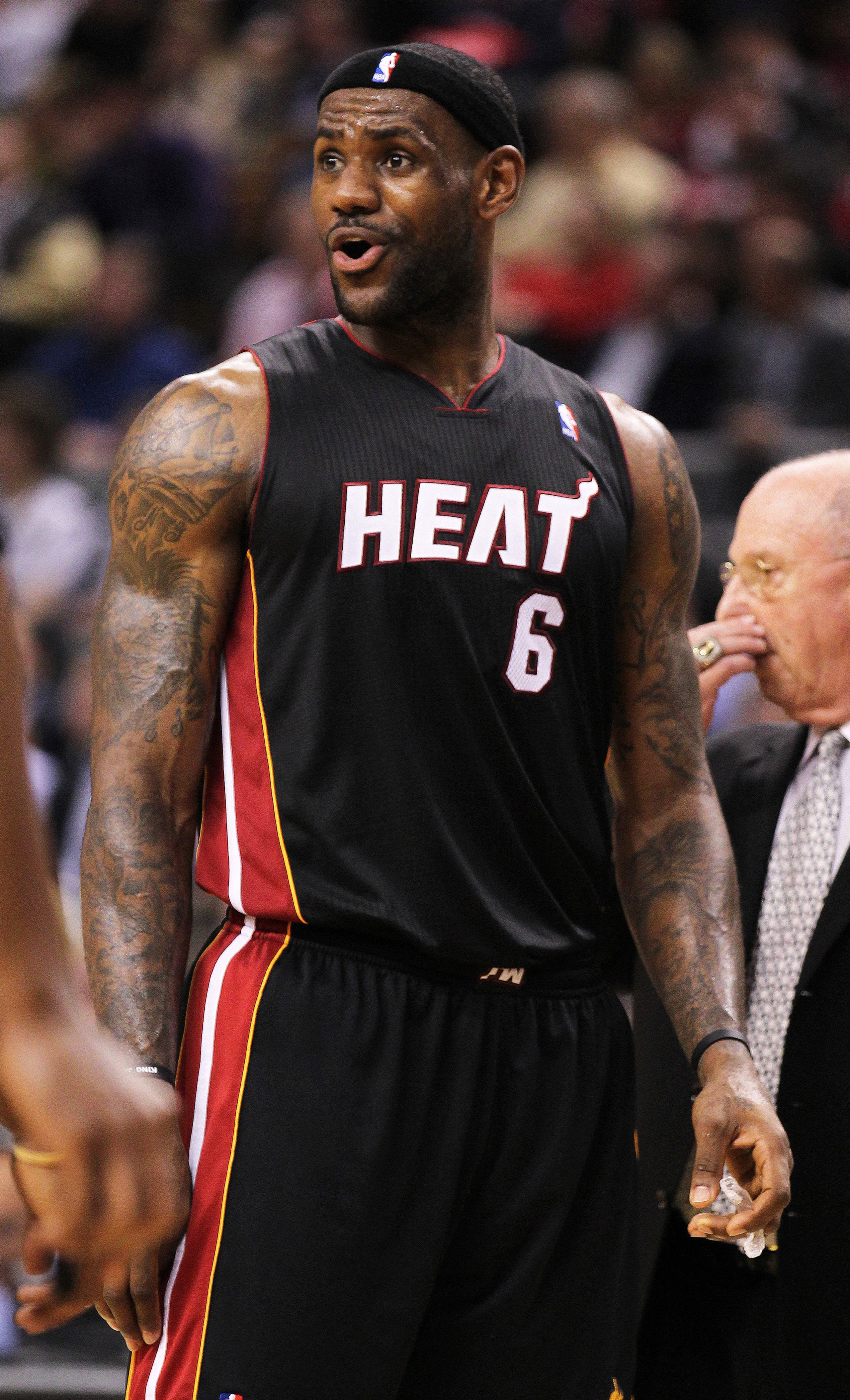 TORONTO, CANADA - FEBRUARY 16:  LeBron James #6 of the Miami Heat questions a call in a game against the Toronto Raptors on February 16, 2011 at the Air Canada Centre in Toronto, Canada. The Heat defeated the Raptors 103-95. (Photo by Claus Andersen/Getty
